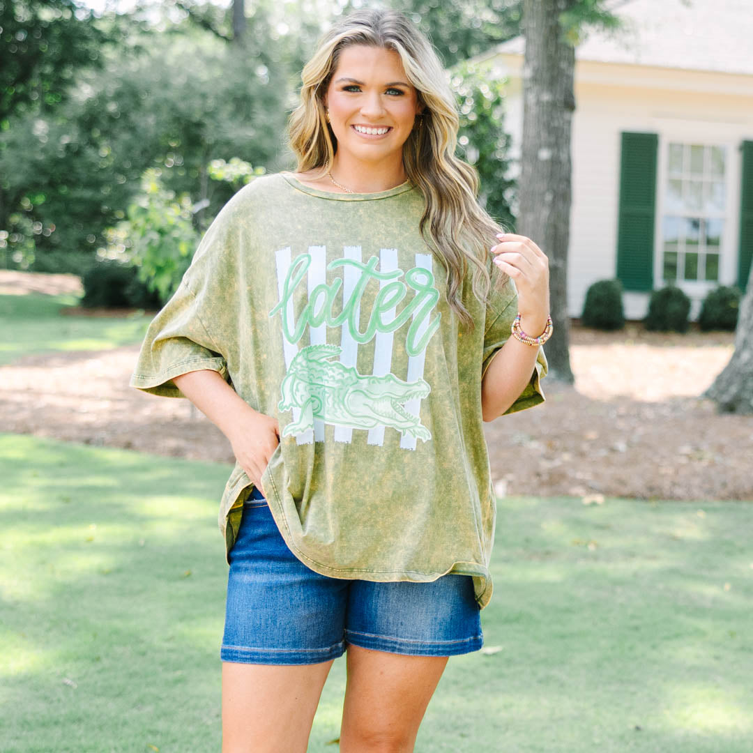 Later Gator Acid Wash Relaxed Tee, Golden Olive