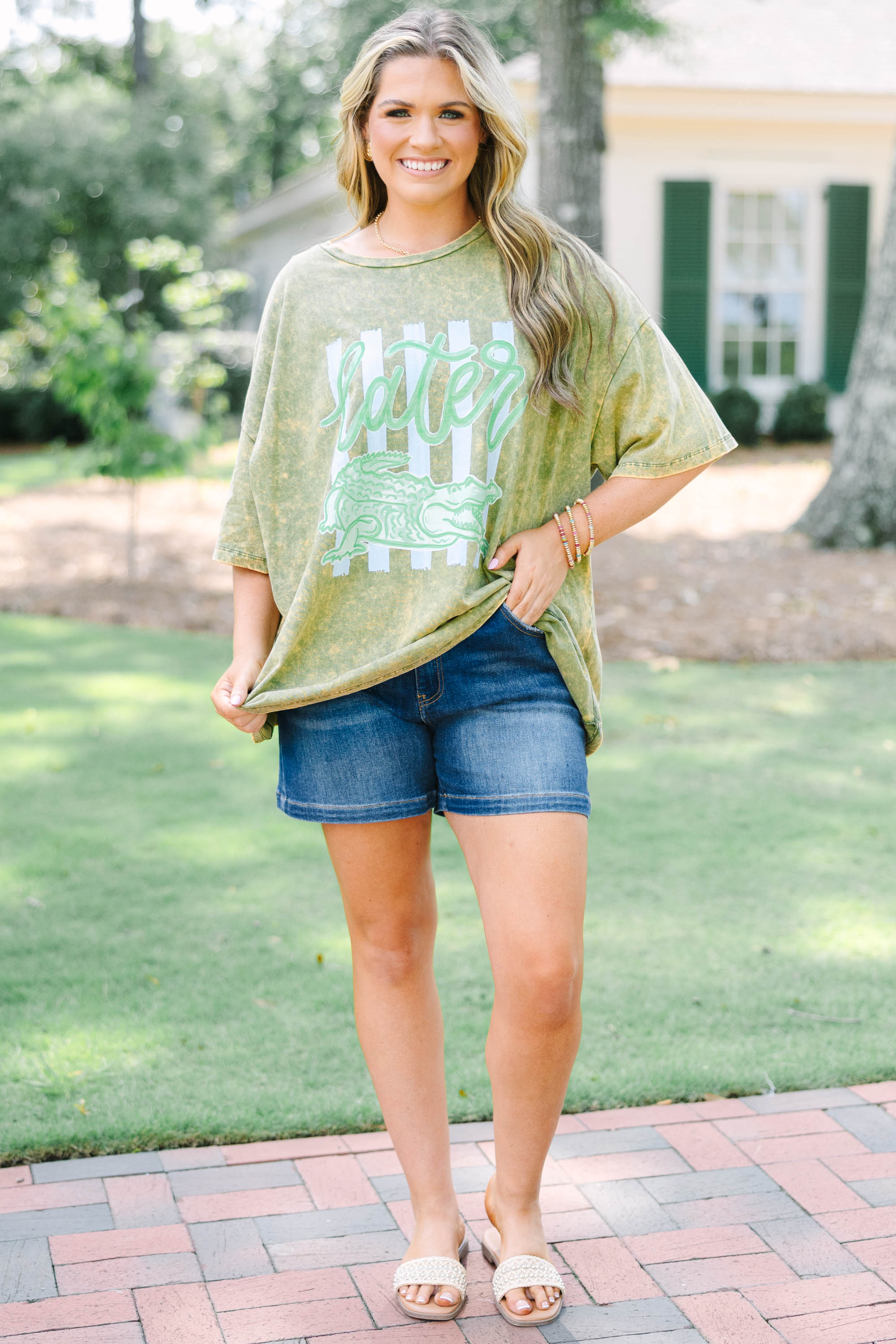 Later Gator Acid Wash Relaxed Tee, Golden Olive