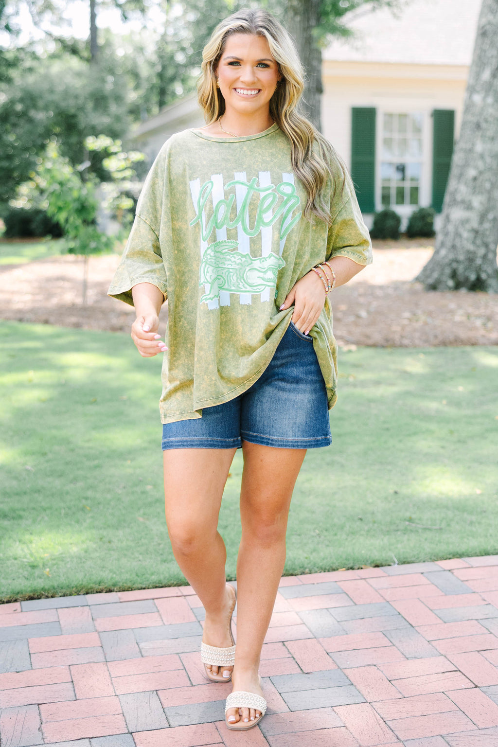 Later Gator Acid Wash Relaxed Tee, Golden Olive