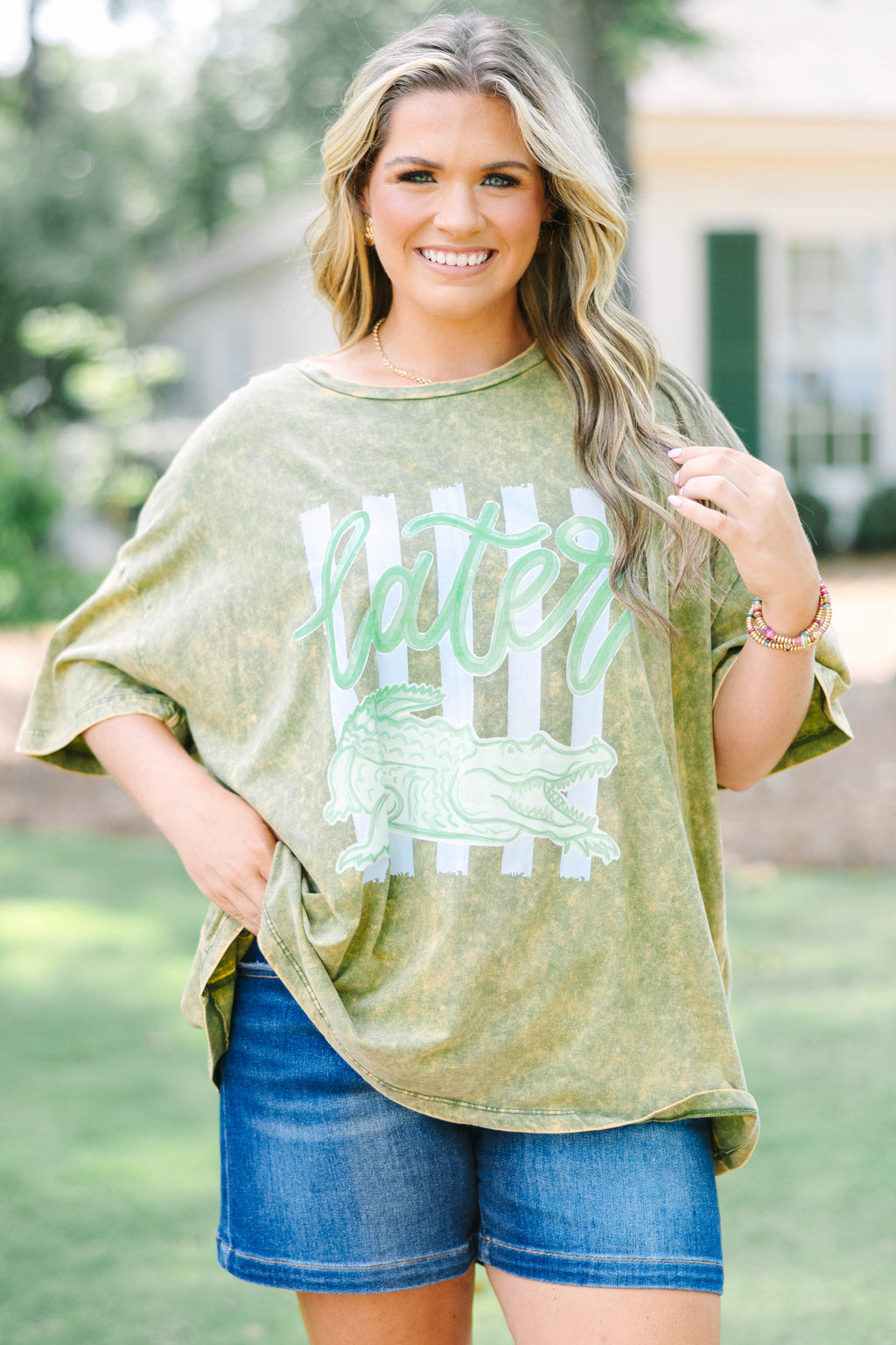 Later Gator Acid Wash Relaxed Tee, Golden Olive