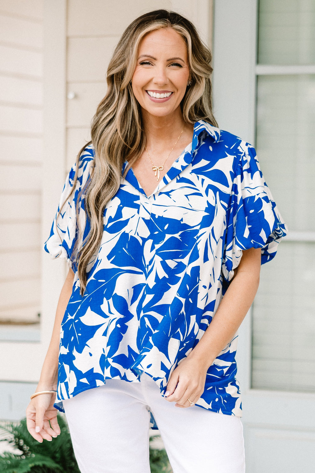 Laurel Leafy Top, Off-White-Blue