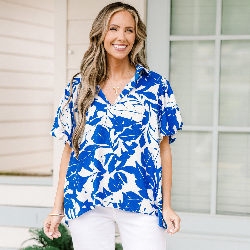 Laurel Leafy Top, Off-White-Blue