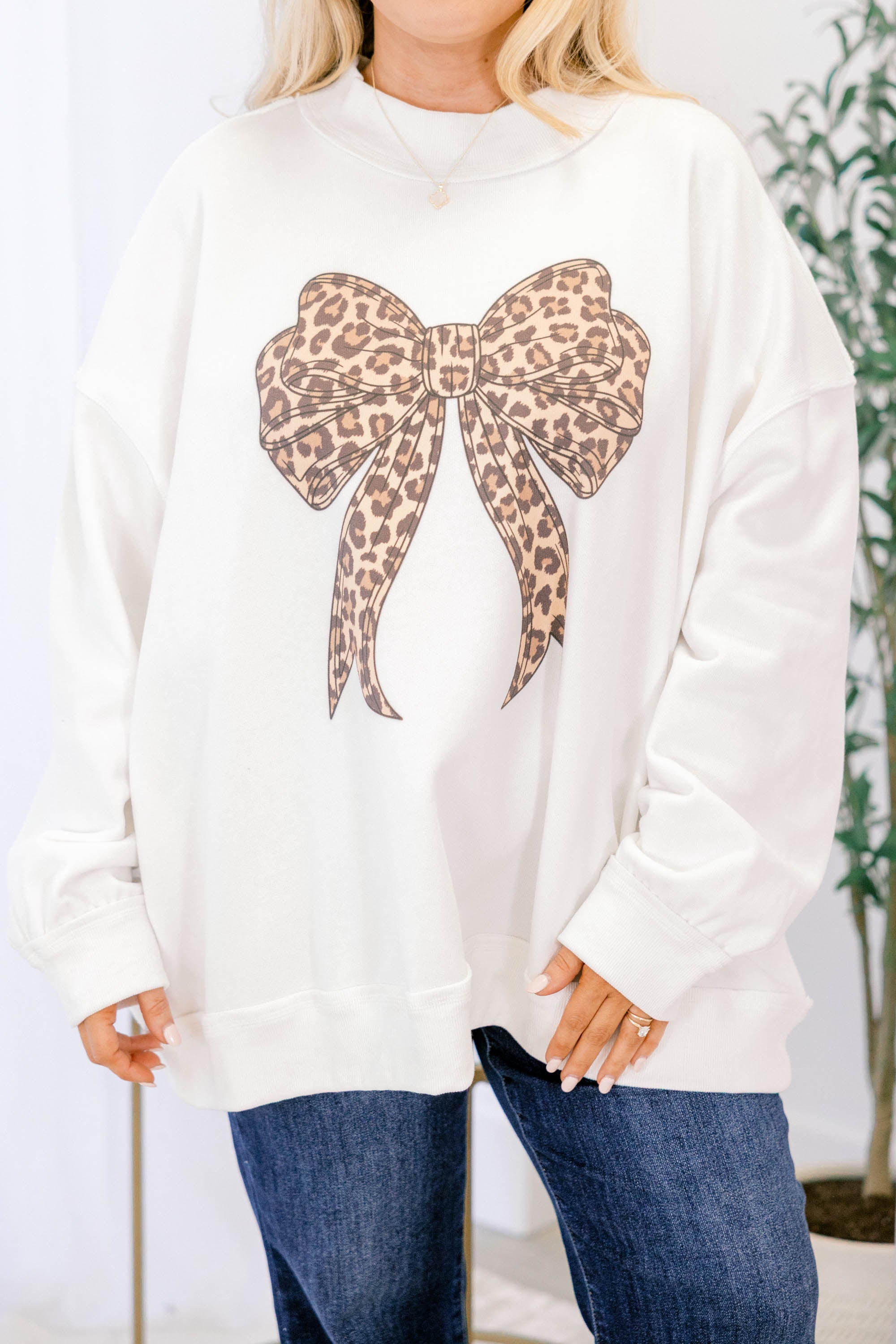 Leopard Girl Mock Neck Pullover, Ivory