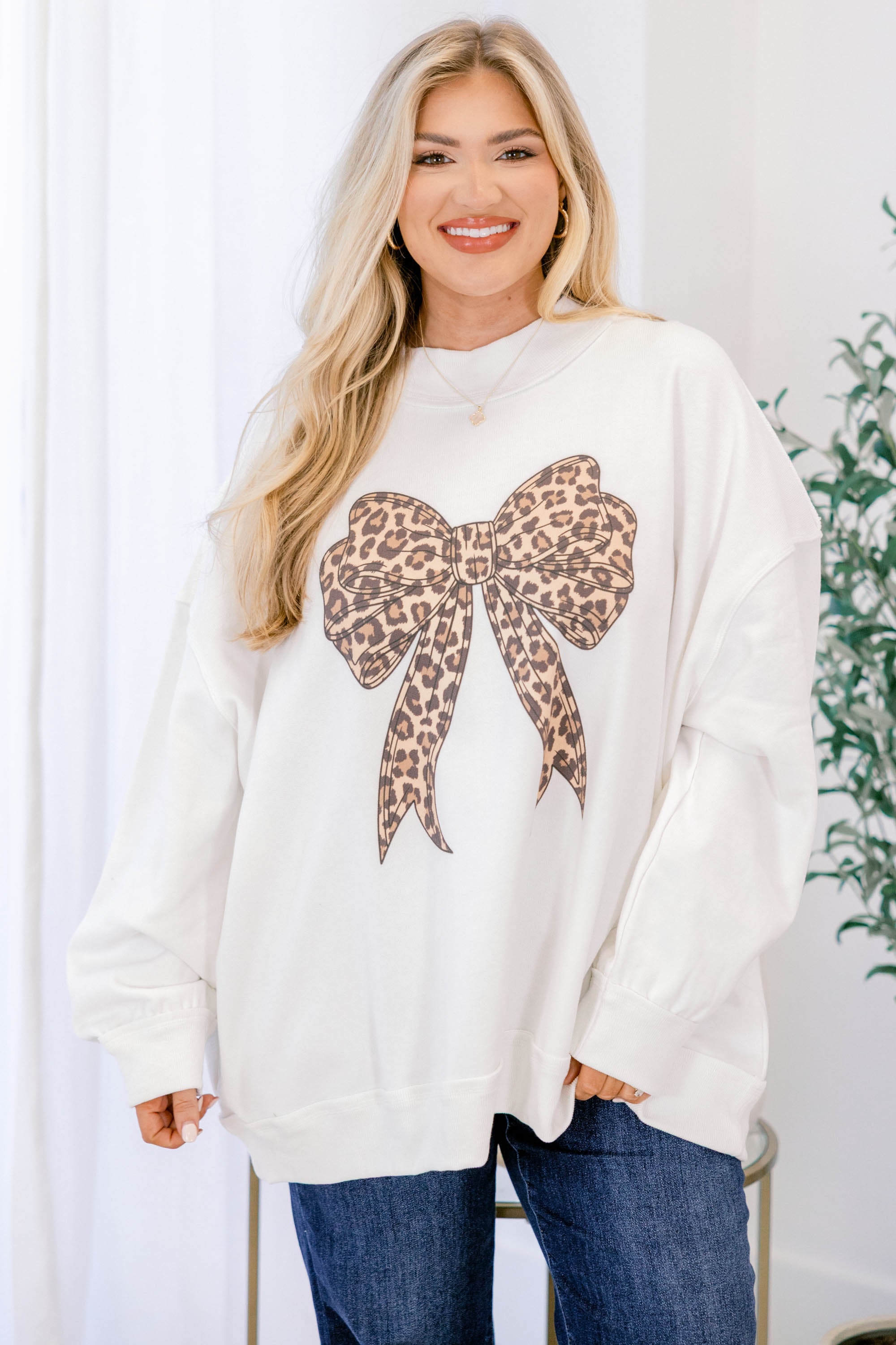 Leopard Girl Mock Neck Pullover, Ivory