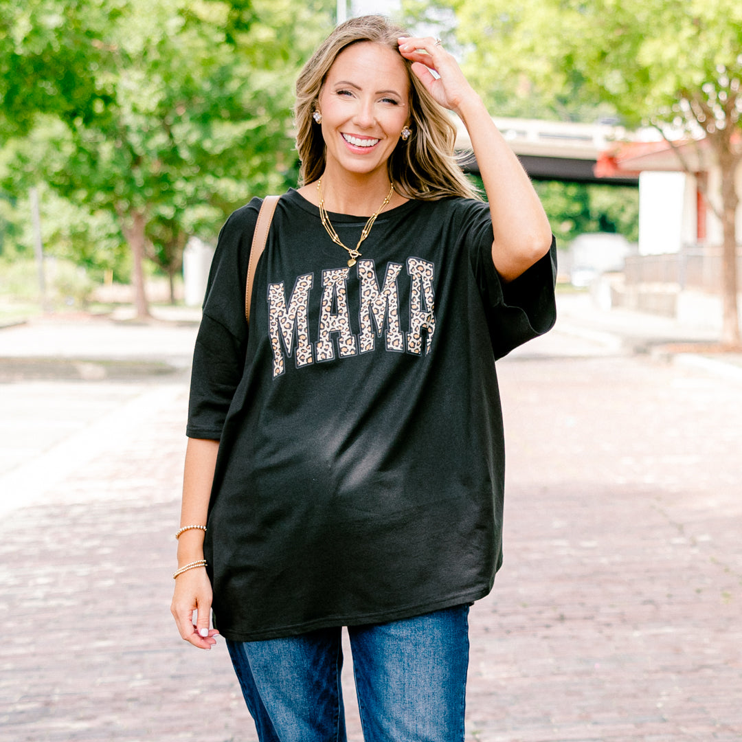 Leopard Mom Boyfriend Tee, Black