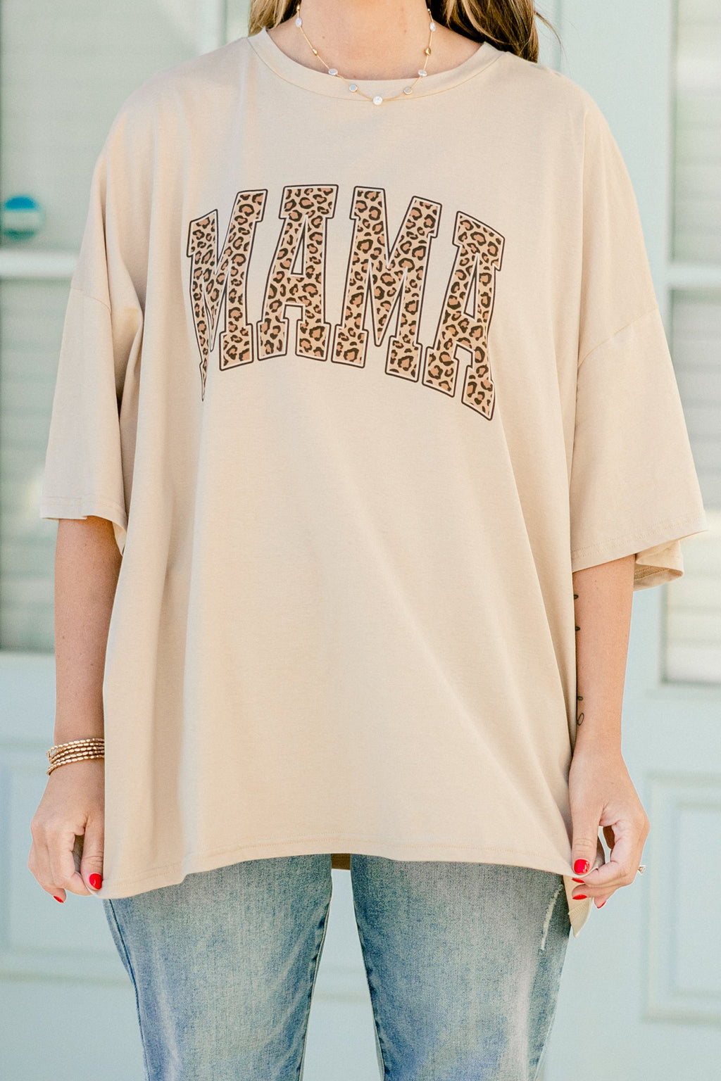 Leopard Mom Boyfriend Tee, Light Mocha