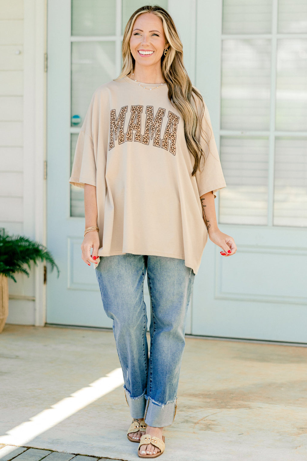 Leopard Mom Boyfriend Tee, Light Mocha