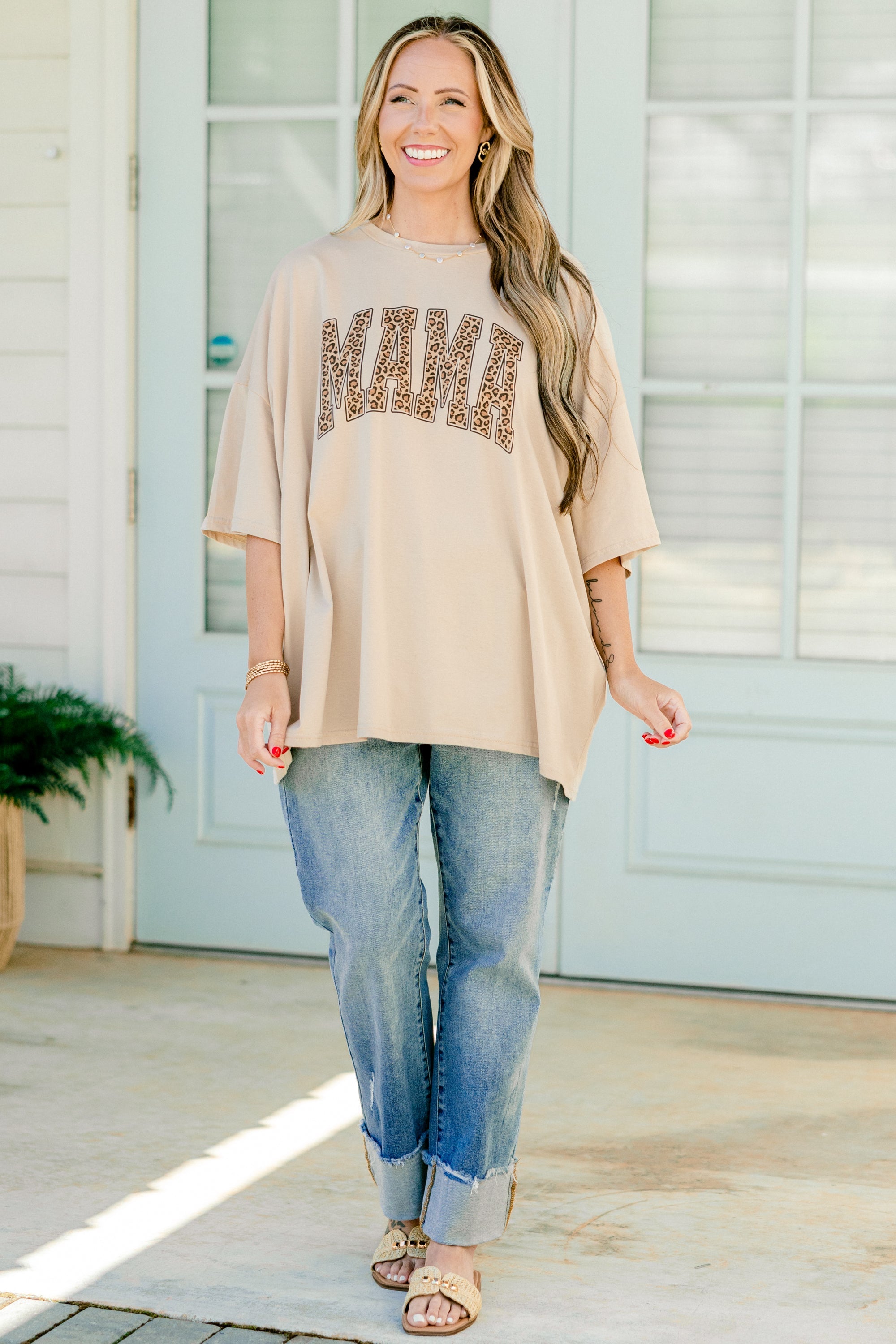 Leopard Mom Boyfriend Tee, Light Mocha