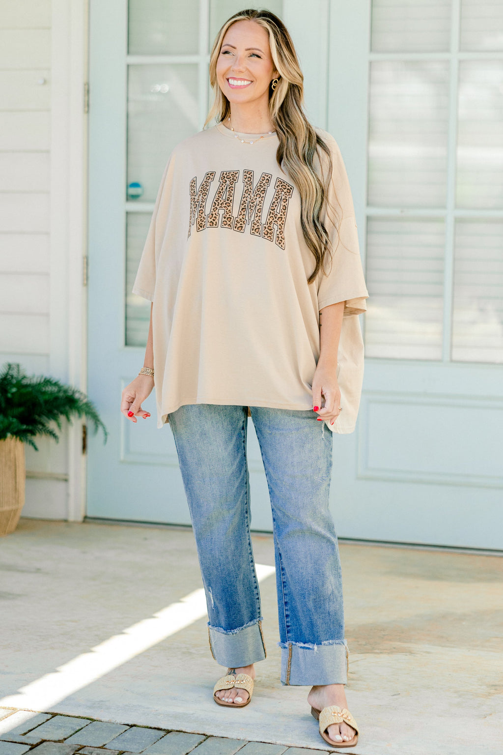 Leopard Mom Boyfriend Tee, Light Mocha