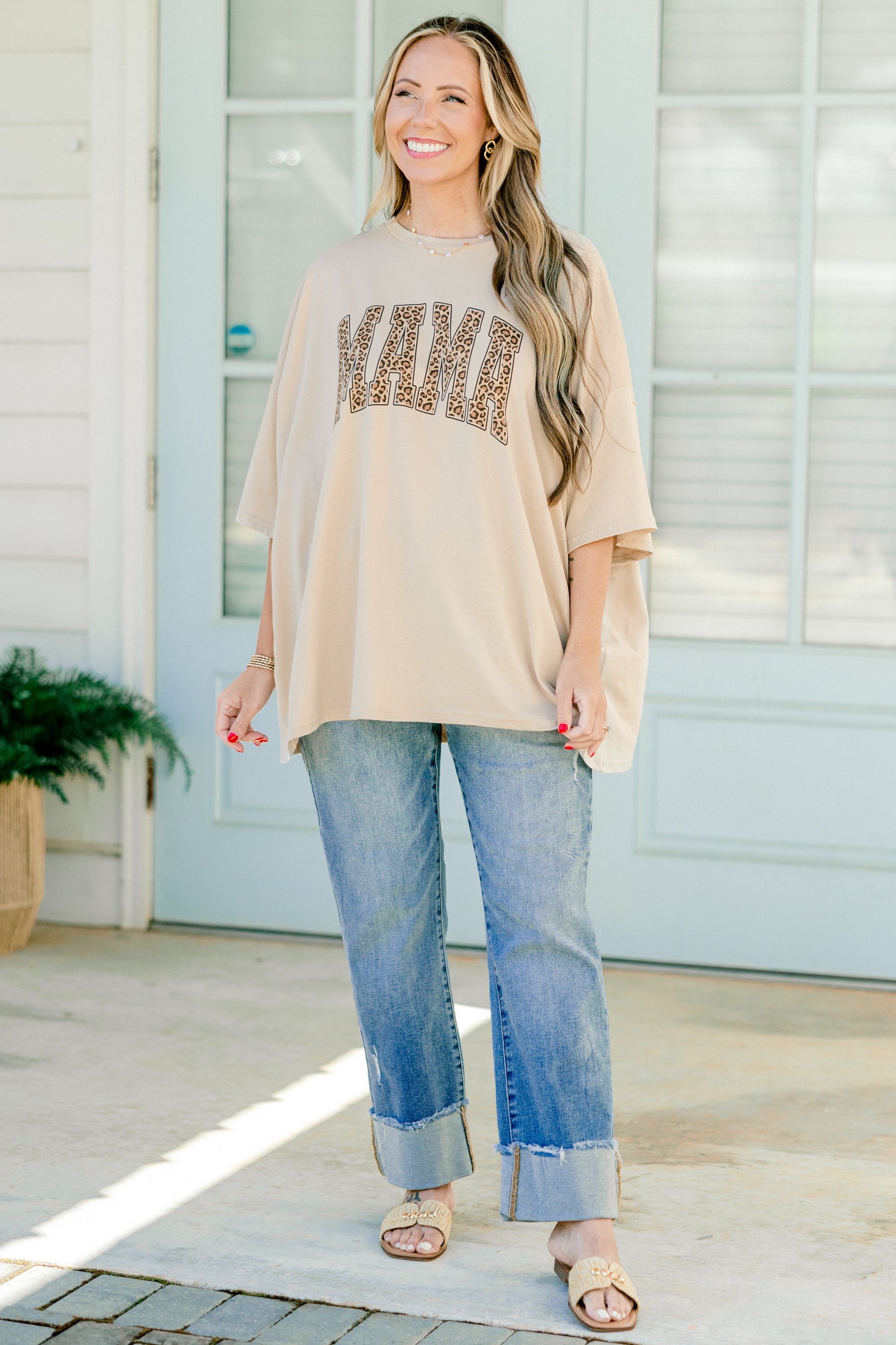Leopard Mom Boyfriend Tee, Light Mocha