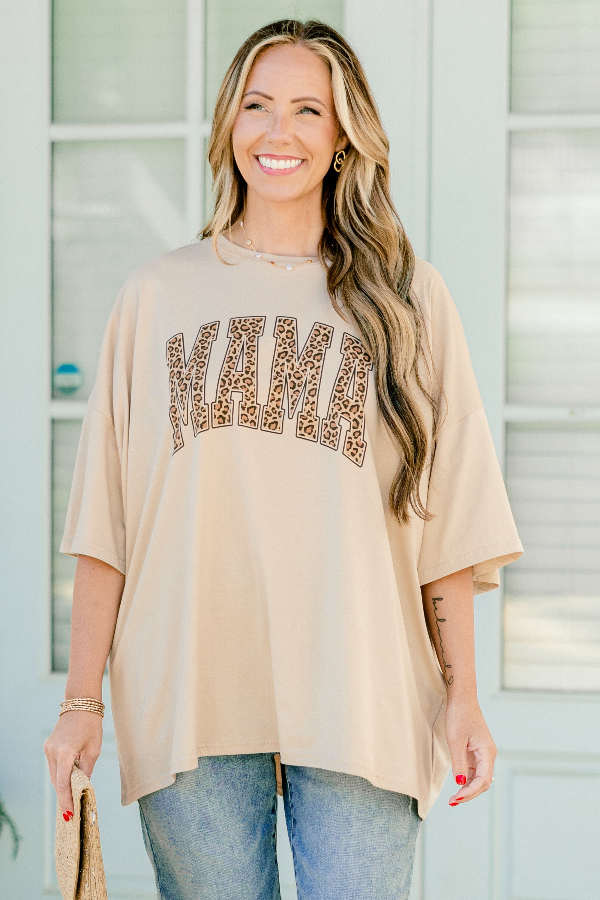 Leopard Mom Boyfriend Tee, Light Mocha