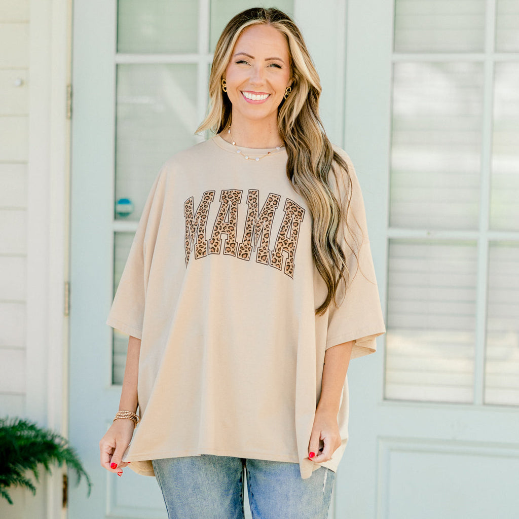 Leopard Mom Boyfriend Tee, Light Mocha