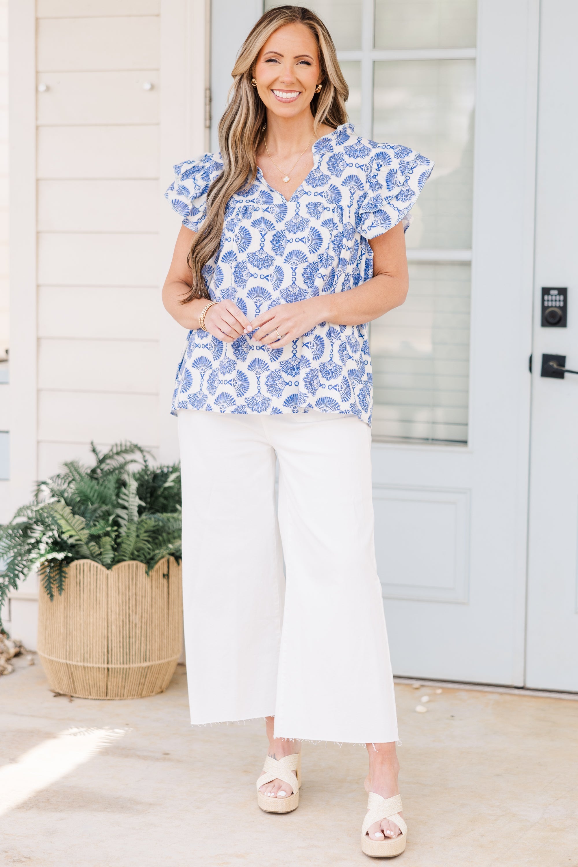 Let's Go On A Walk Top, Blue-Ivory