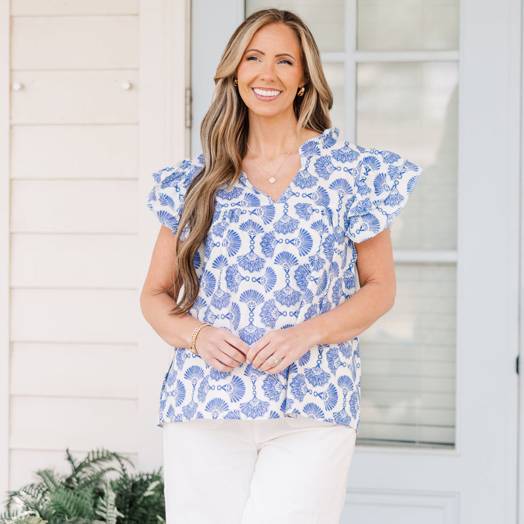 Let's Go On A Walk Top, Blue-Ivory