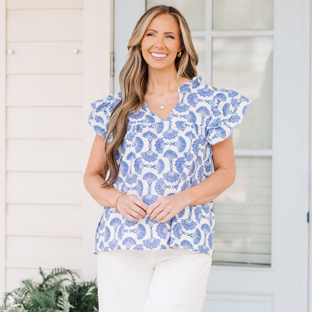 Let's Go On A Walk Top, Blue-Ivory