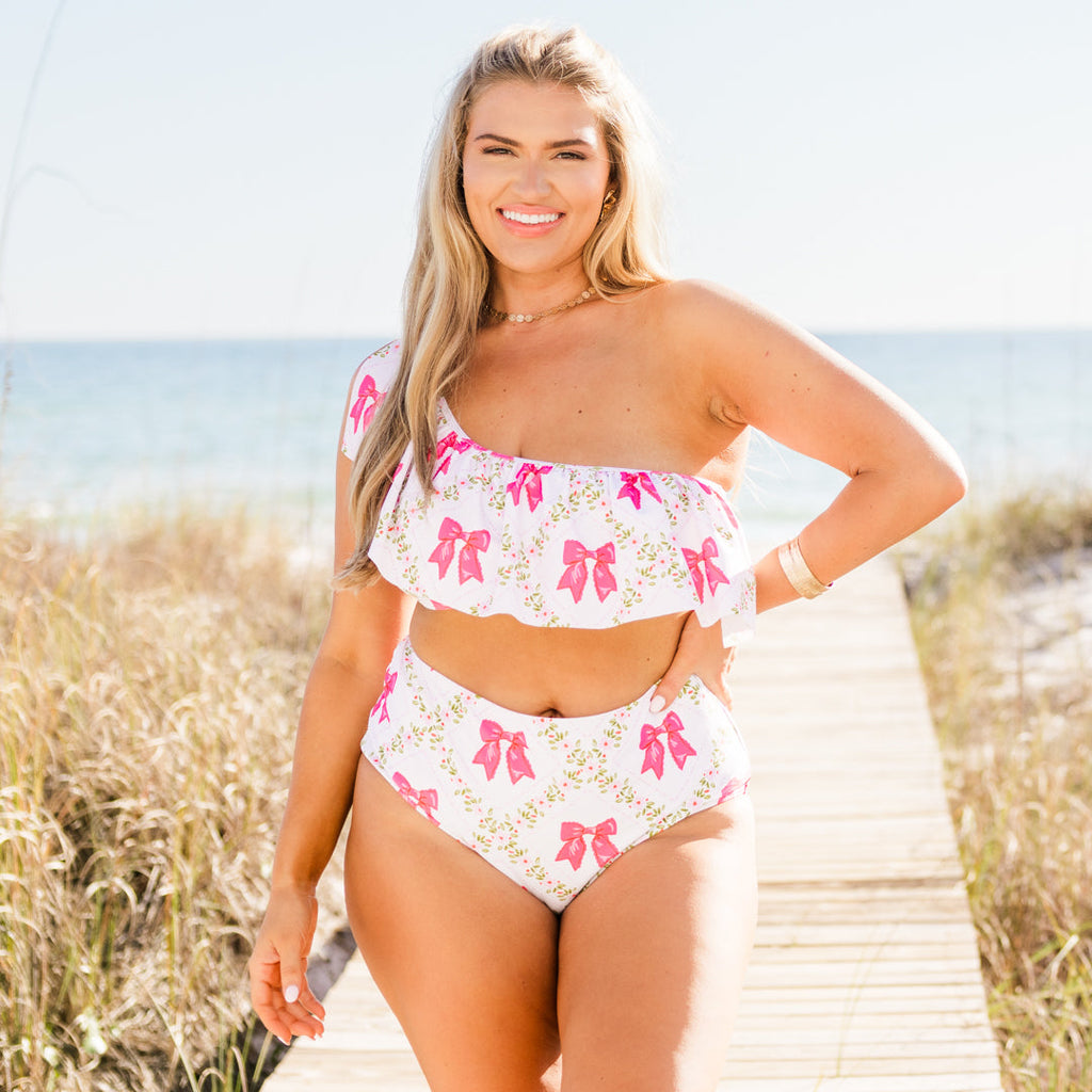 Let's Go Watch The Sunset Swim Top, Pink Bow