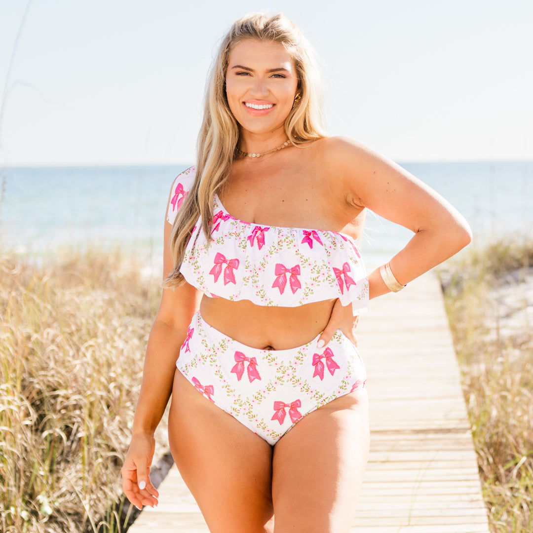 Let's Go Watch The Sunset Swim Top, Pink Bow