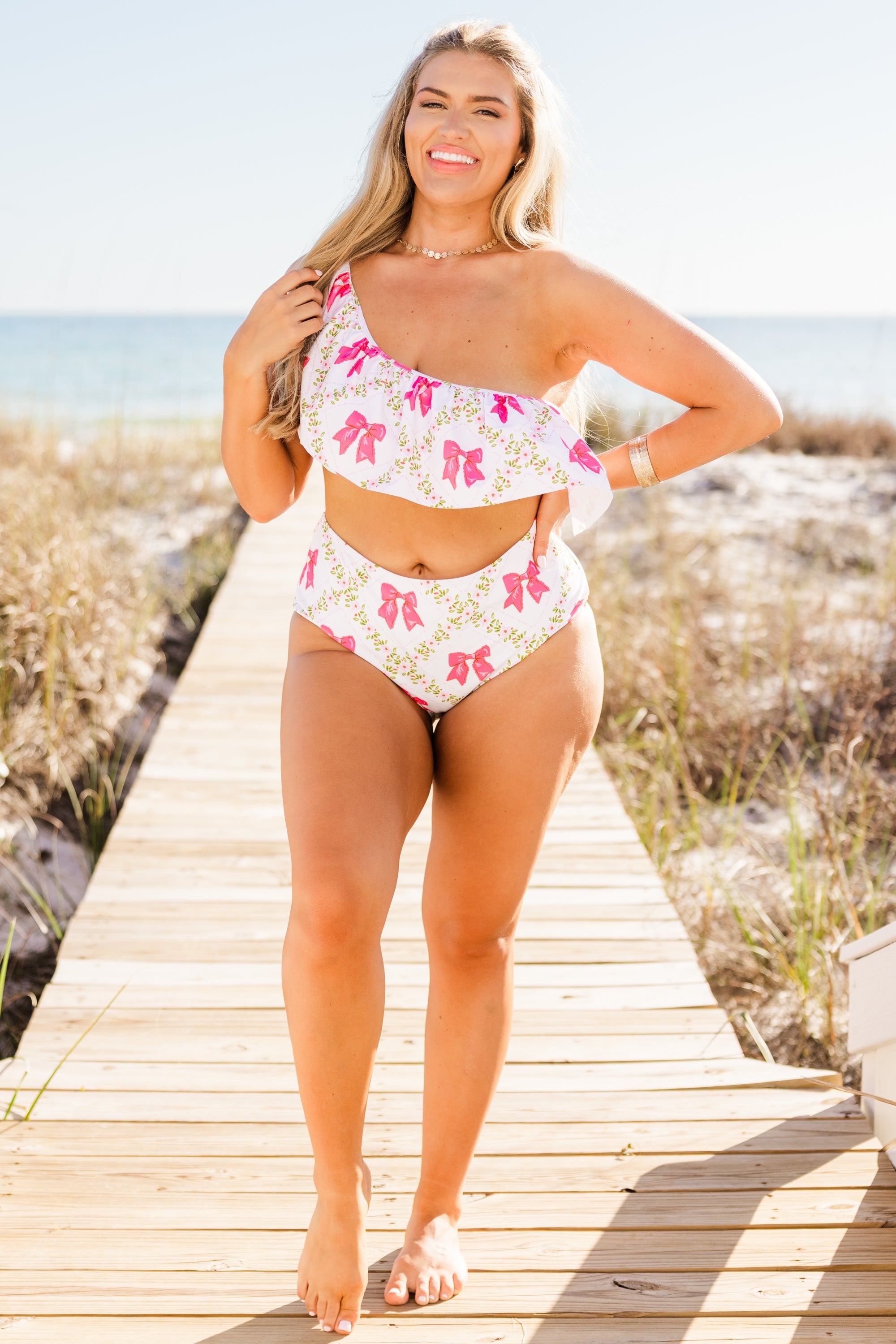 Let's Go Watch The Sunset Swim Top, Pink Bow