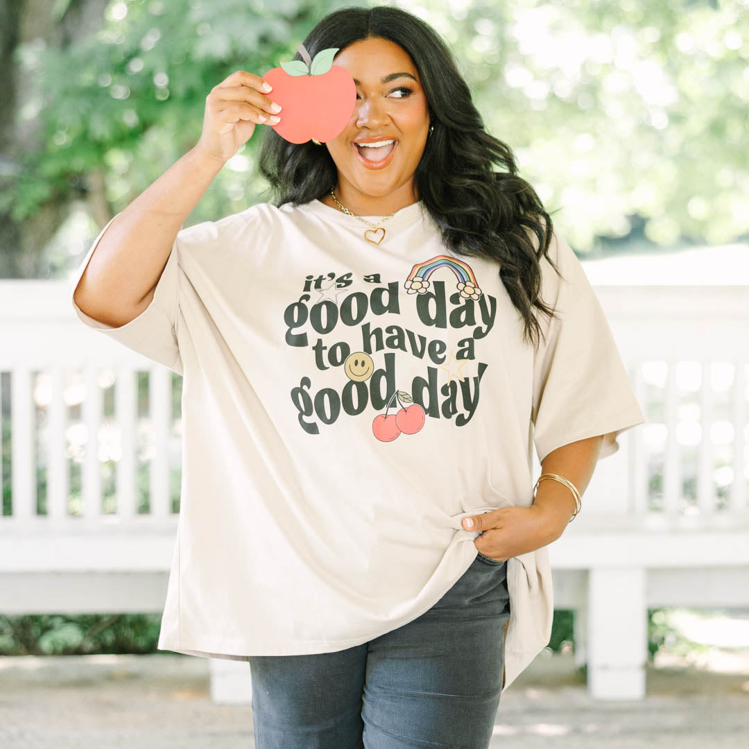 Let's Have a Good Day Boyfriend Tee, Light Mocha
