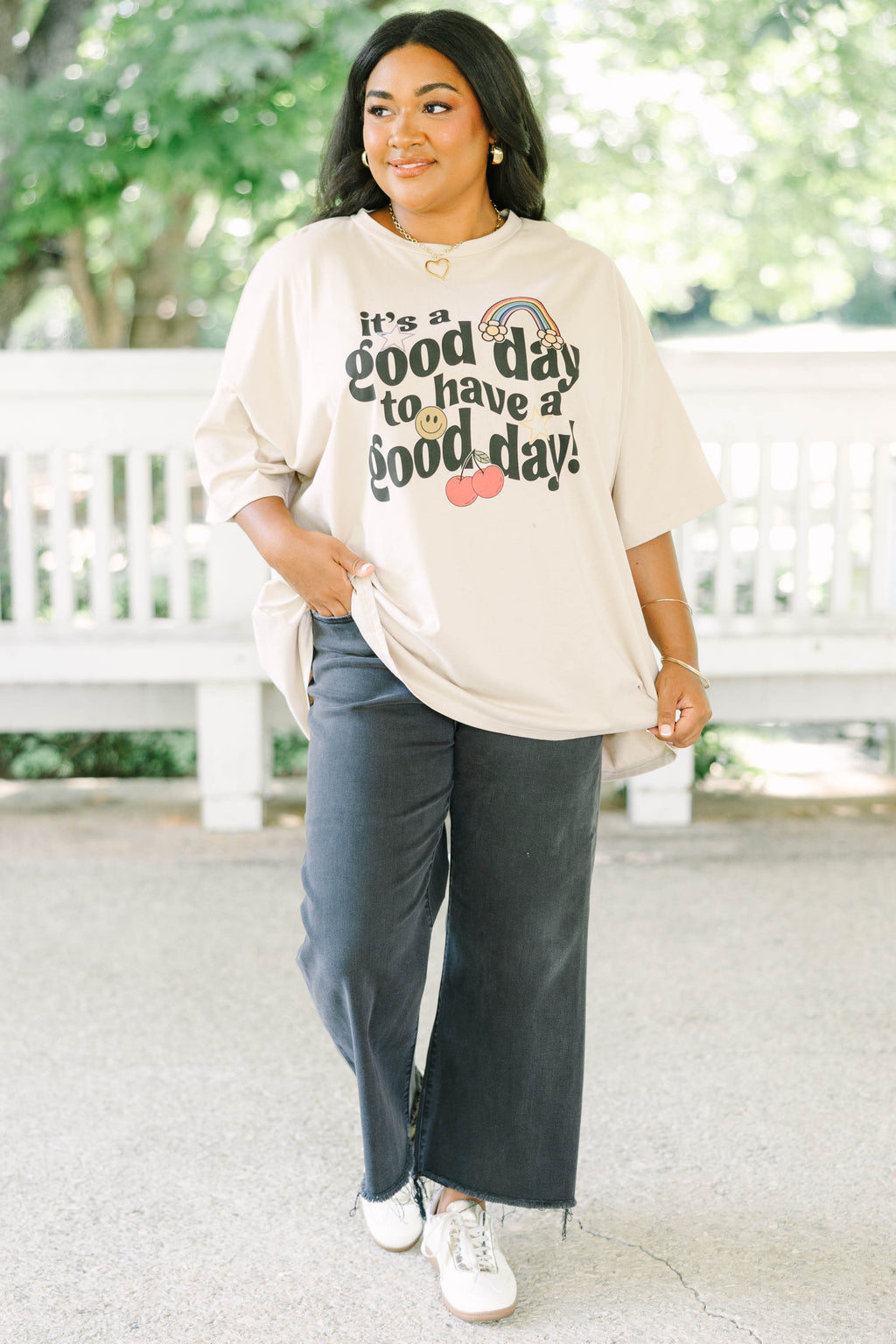 Let's Have a Good Day Boyfriend Tee, Light Mocha