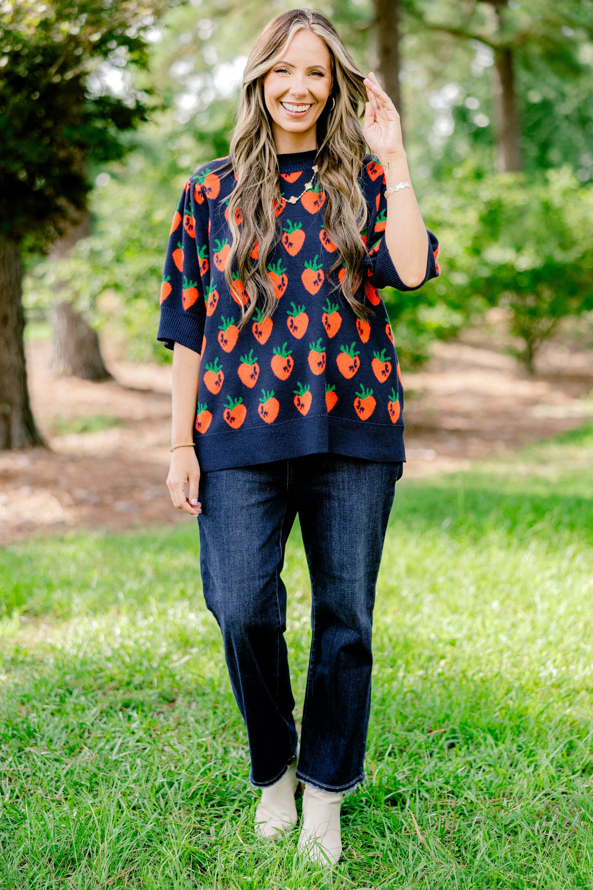Love And Life Sweater, Navy Strawberry