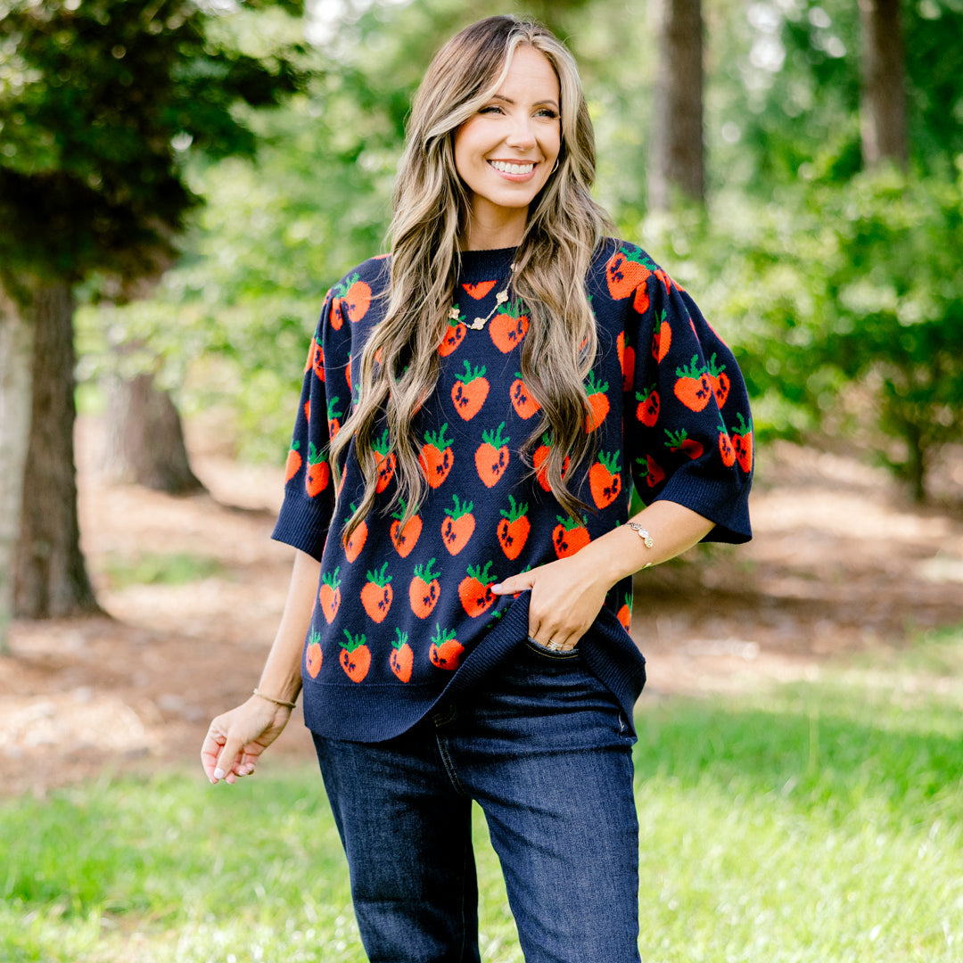 Love And Life Sweater, Navy Strawberry
