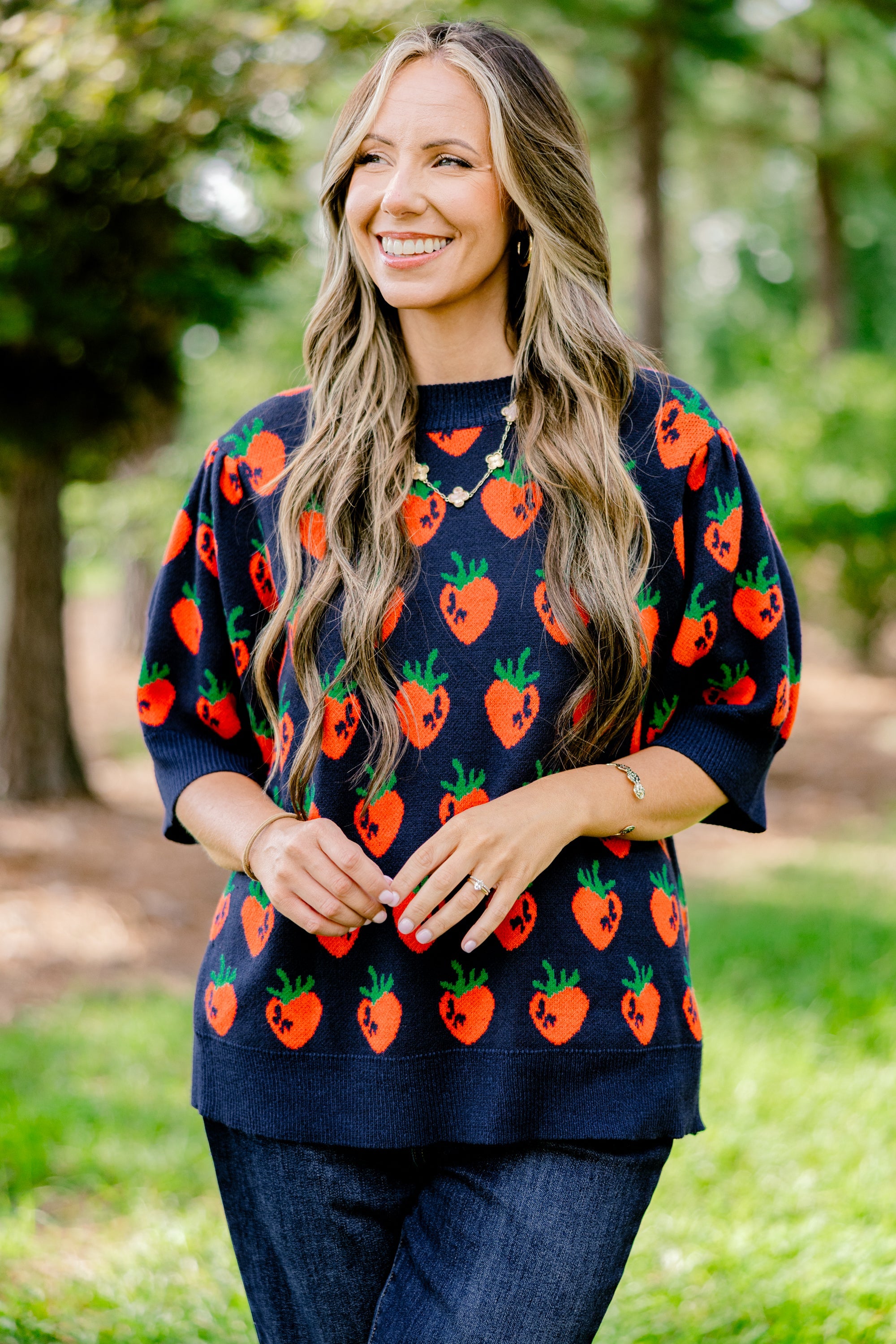 Love And Life Sweater, Navy Strawberry