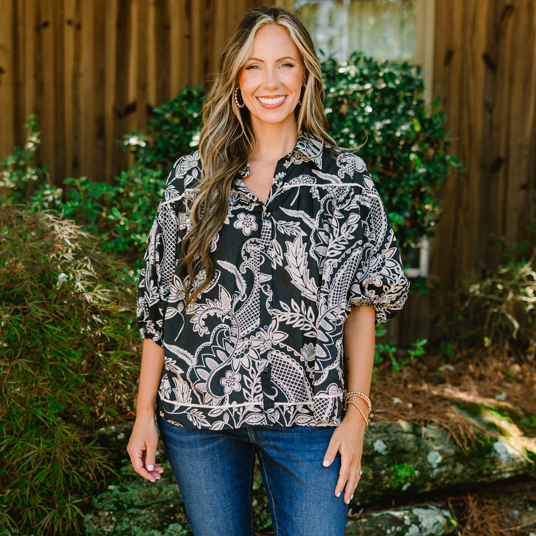 Love Is All Around Blouse, Black Paisley