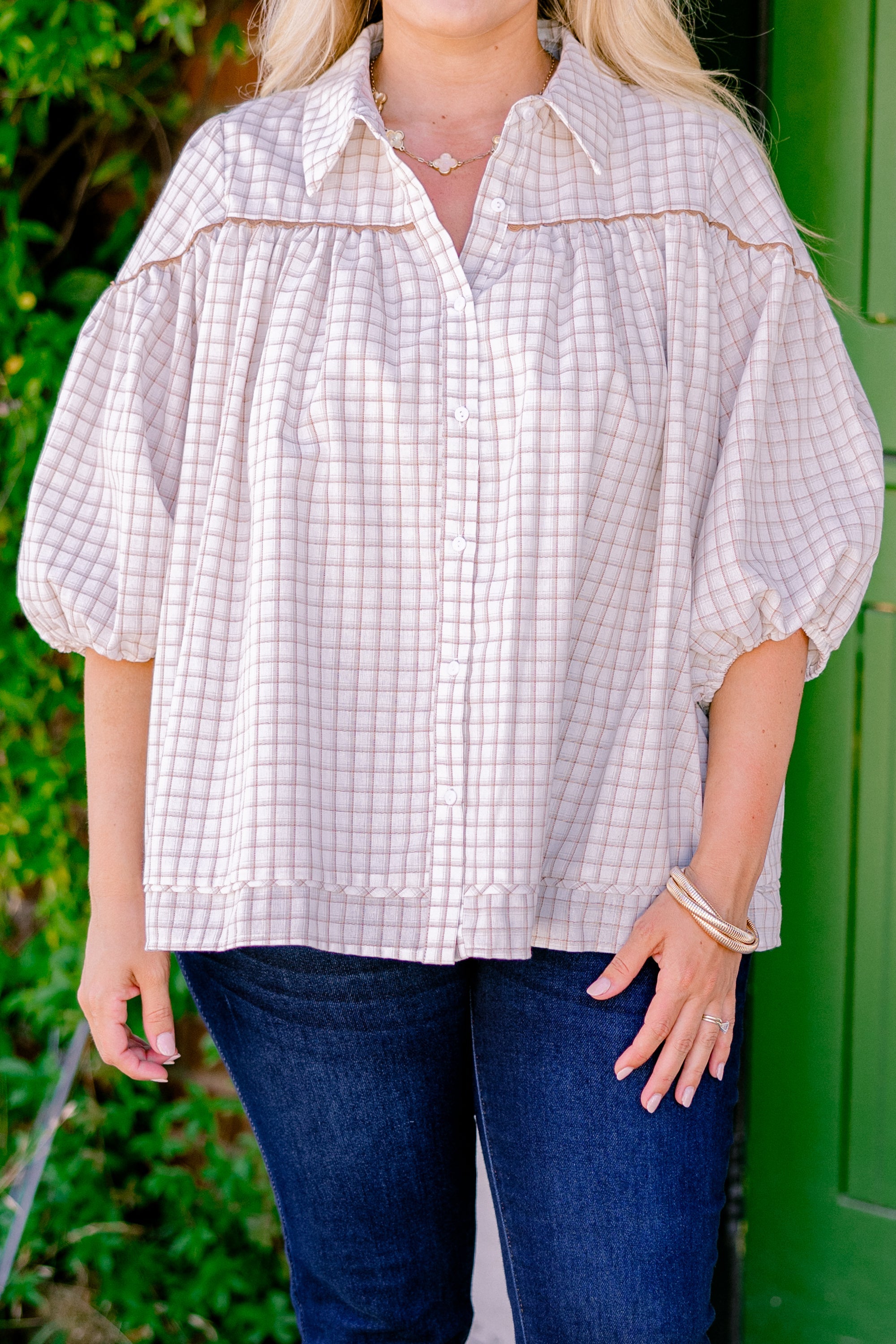 Love Is All Around Blouse, Cream Plaid