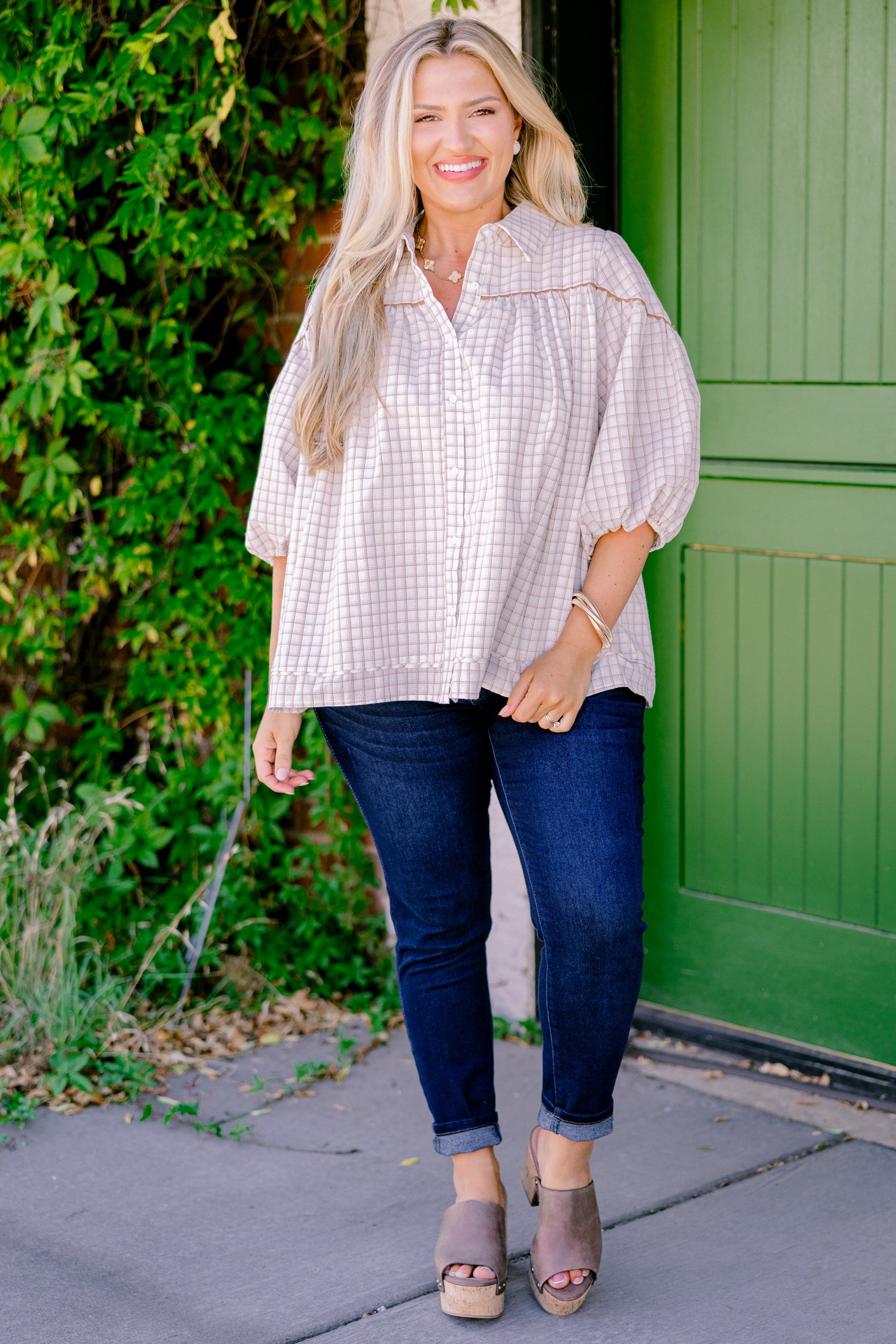 Love Is All Around Blouse, Cream Plaid