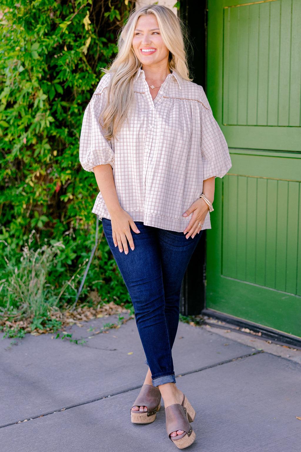 Love Is All Around Blouse, Cream Plaid