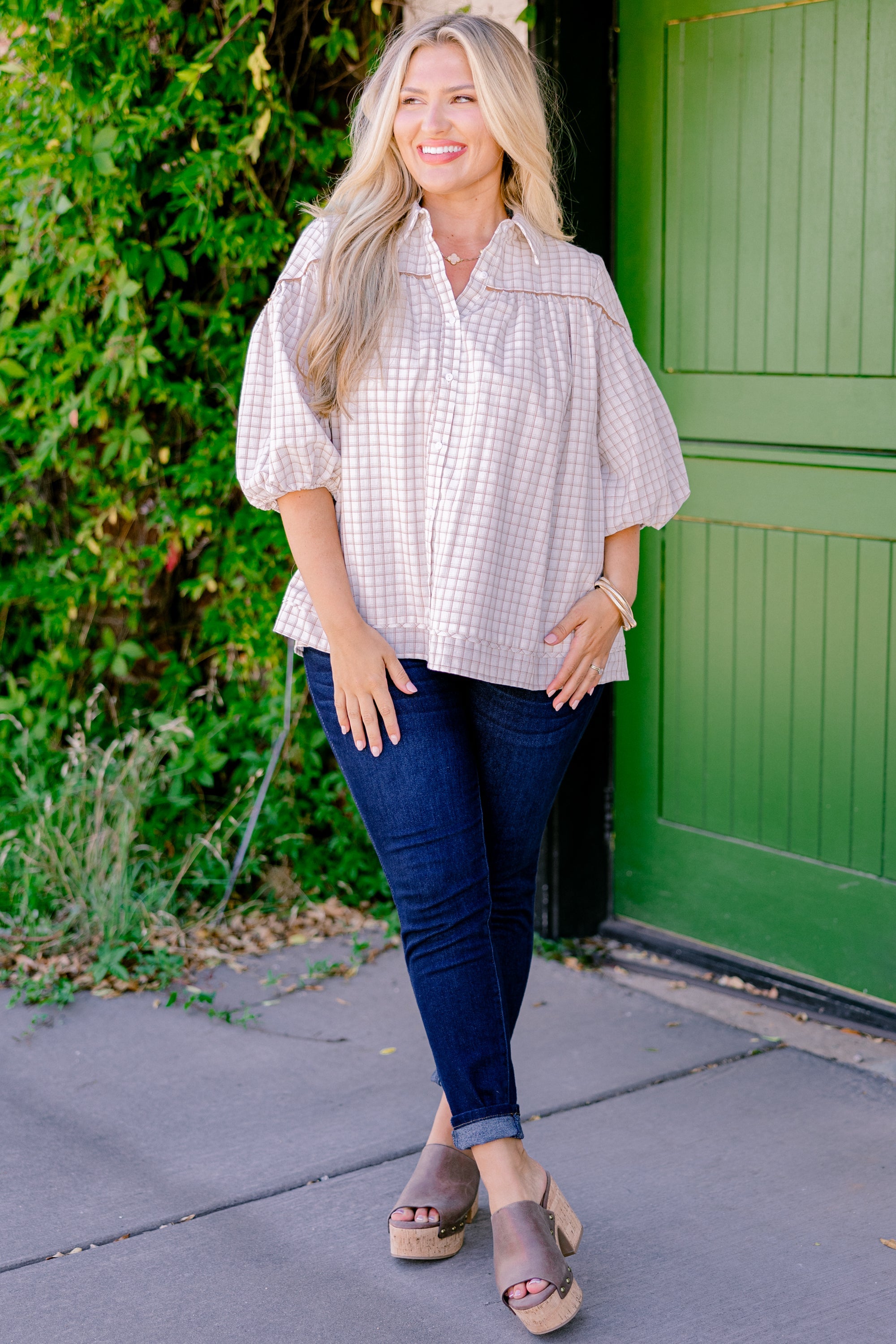 Love Is All Around Blouse, Cream Plaid