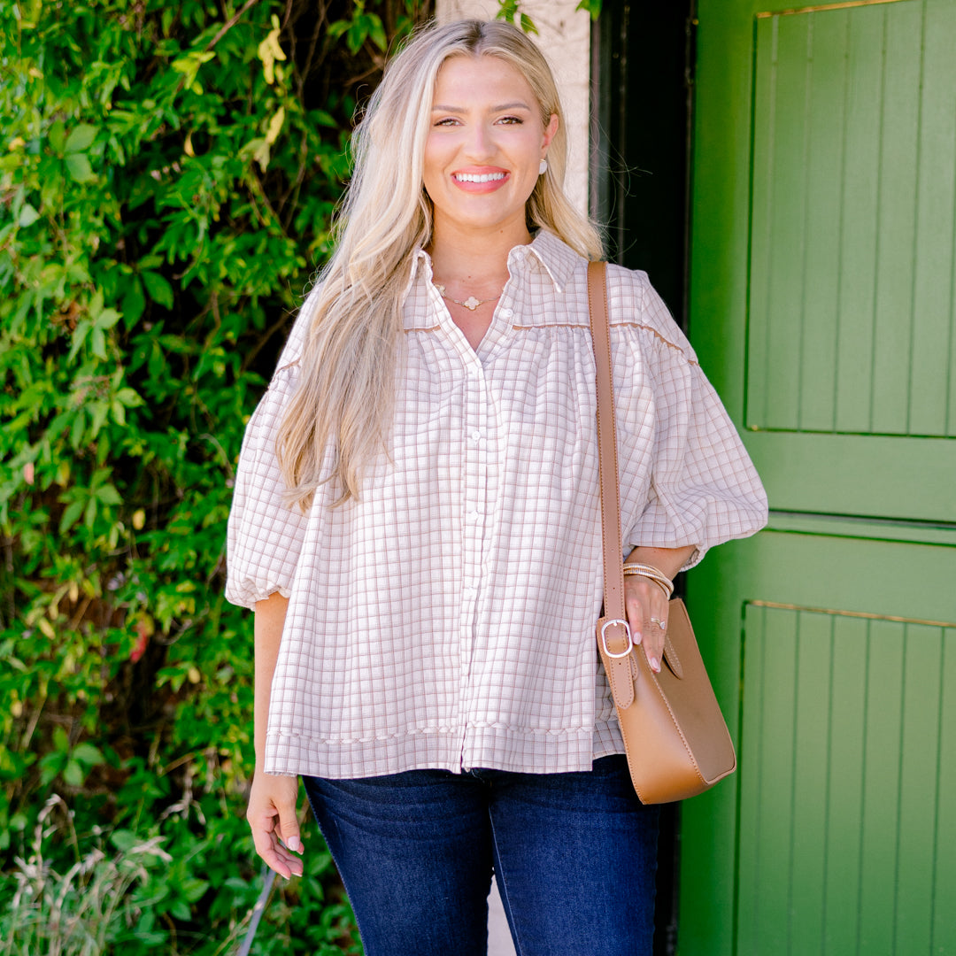 Love Is All Around Blouse, Cream Plaid