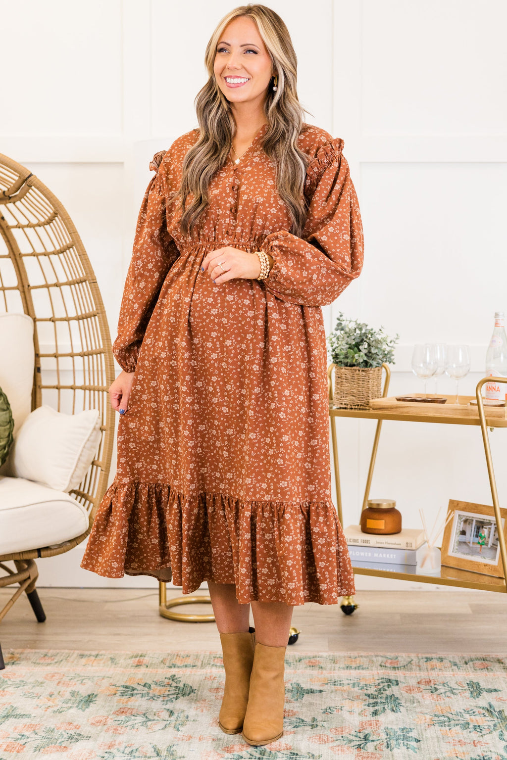 Memorize Today Dress, Rust Floral
