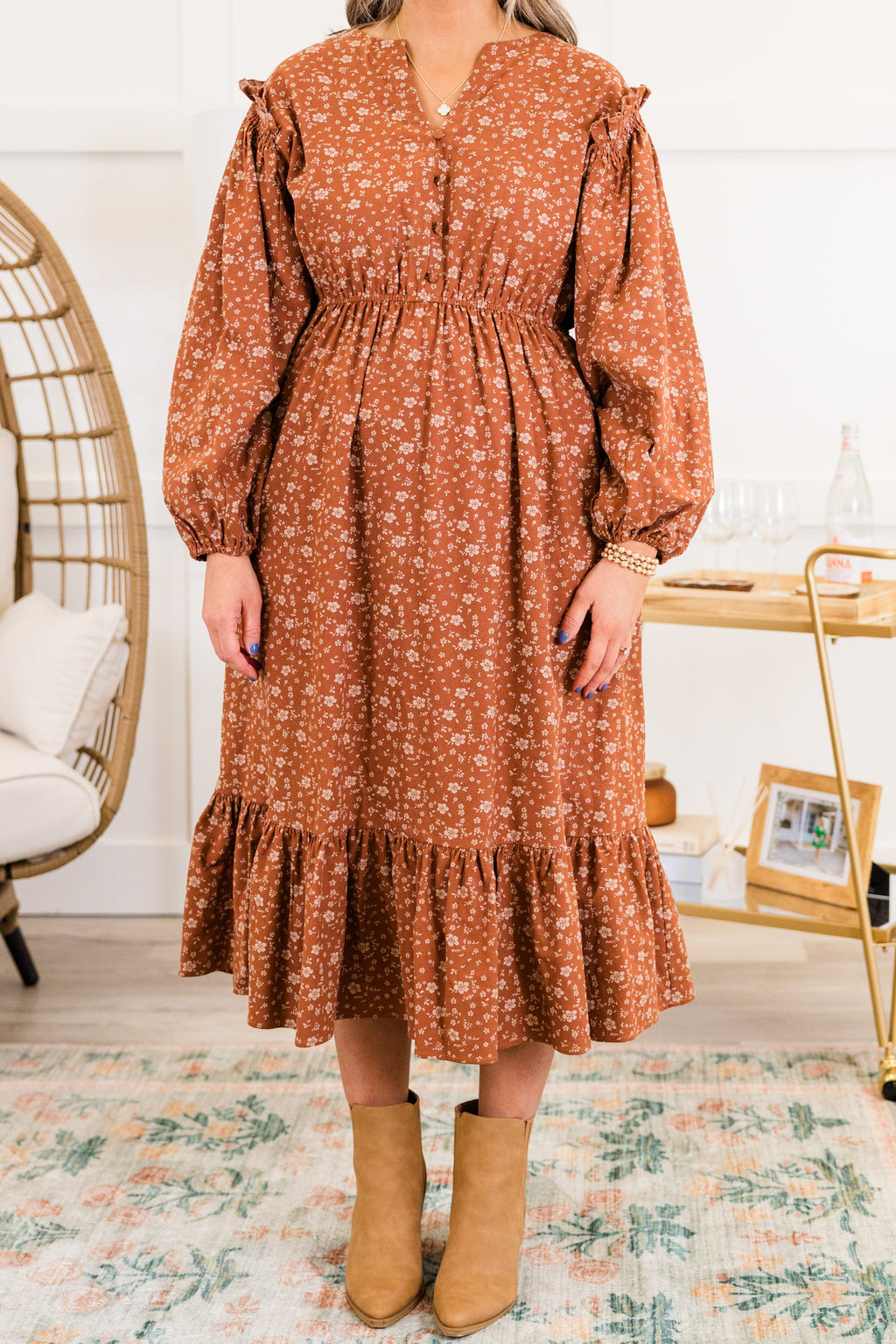 Memorize Today Dress, Rust Floral