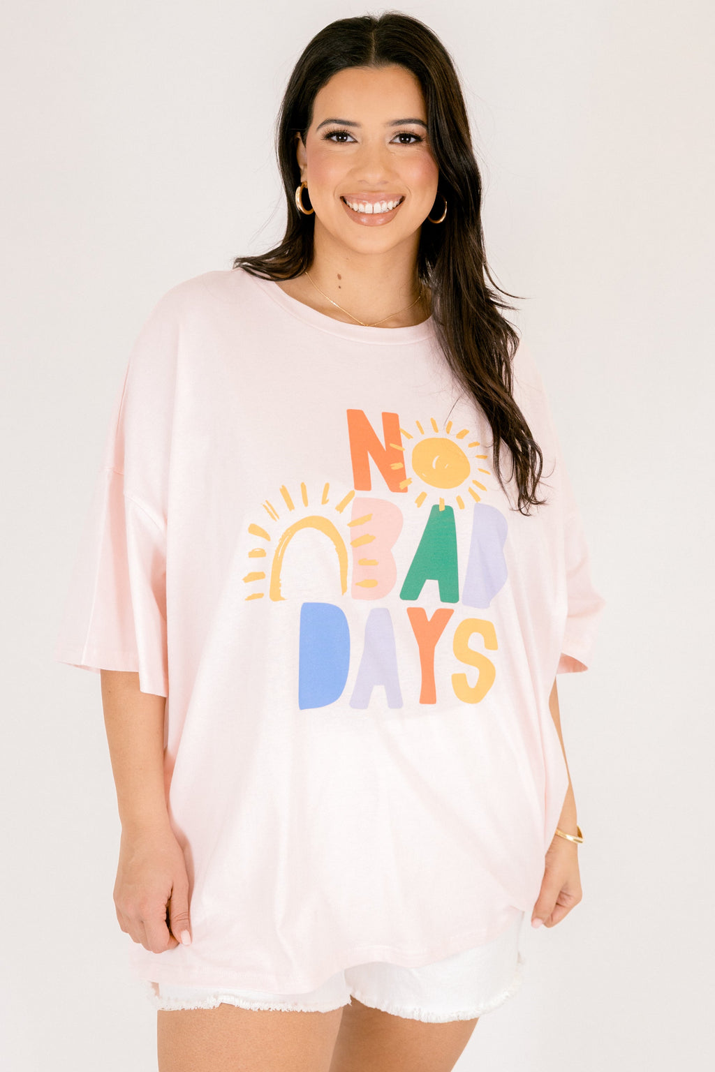 No Bad Days Boyfriend Tee, Cream Pink