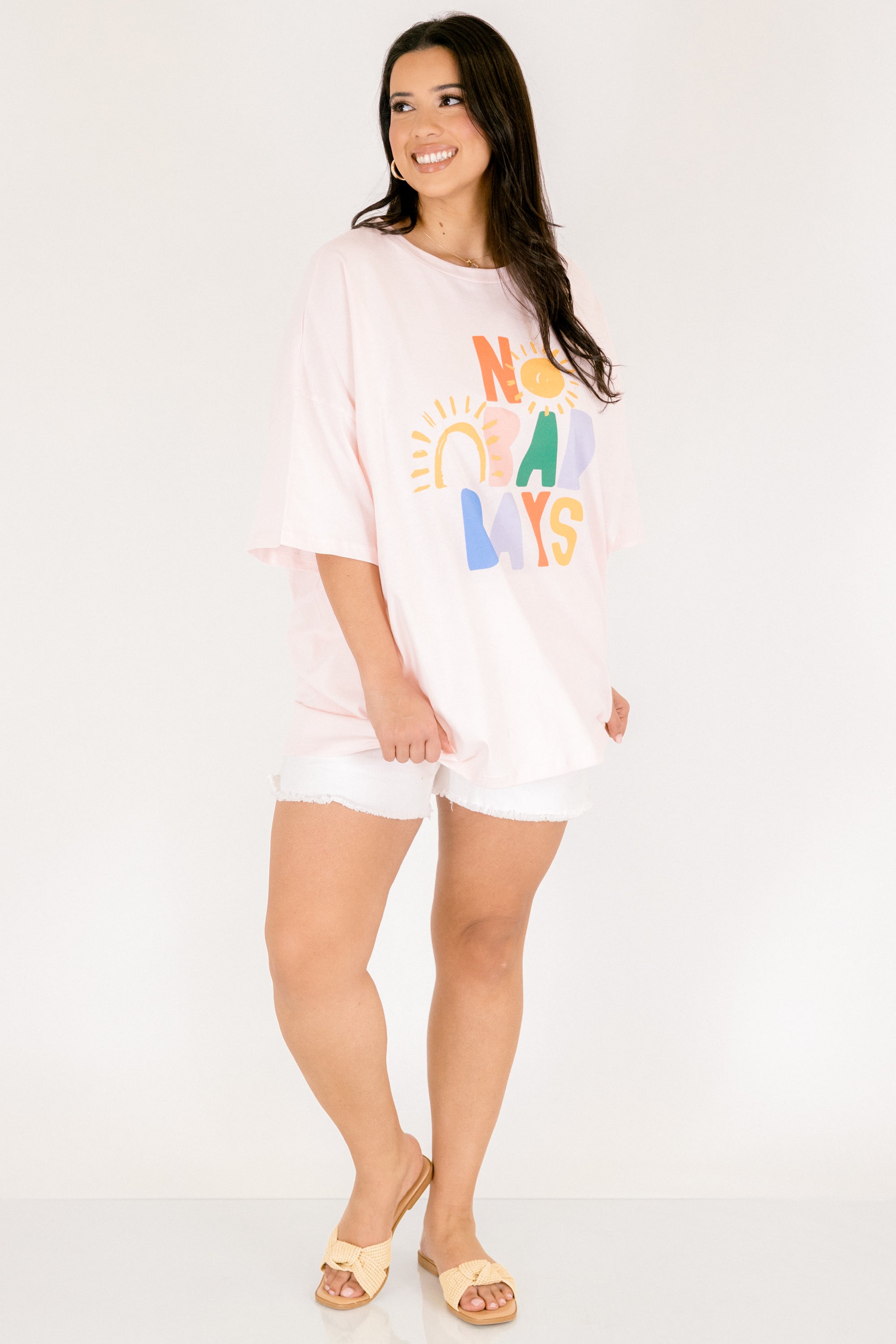 No Bad Days Boyfriend Tee, Cream Pink