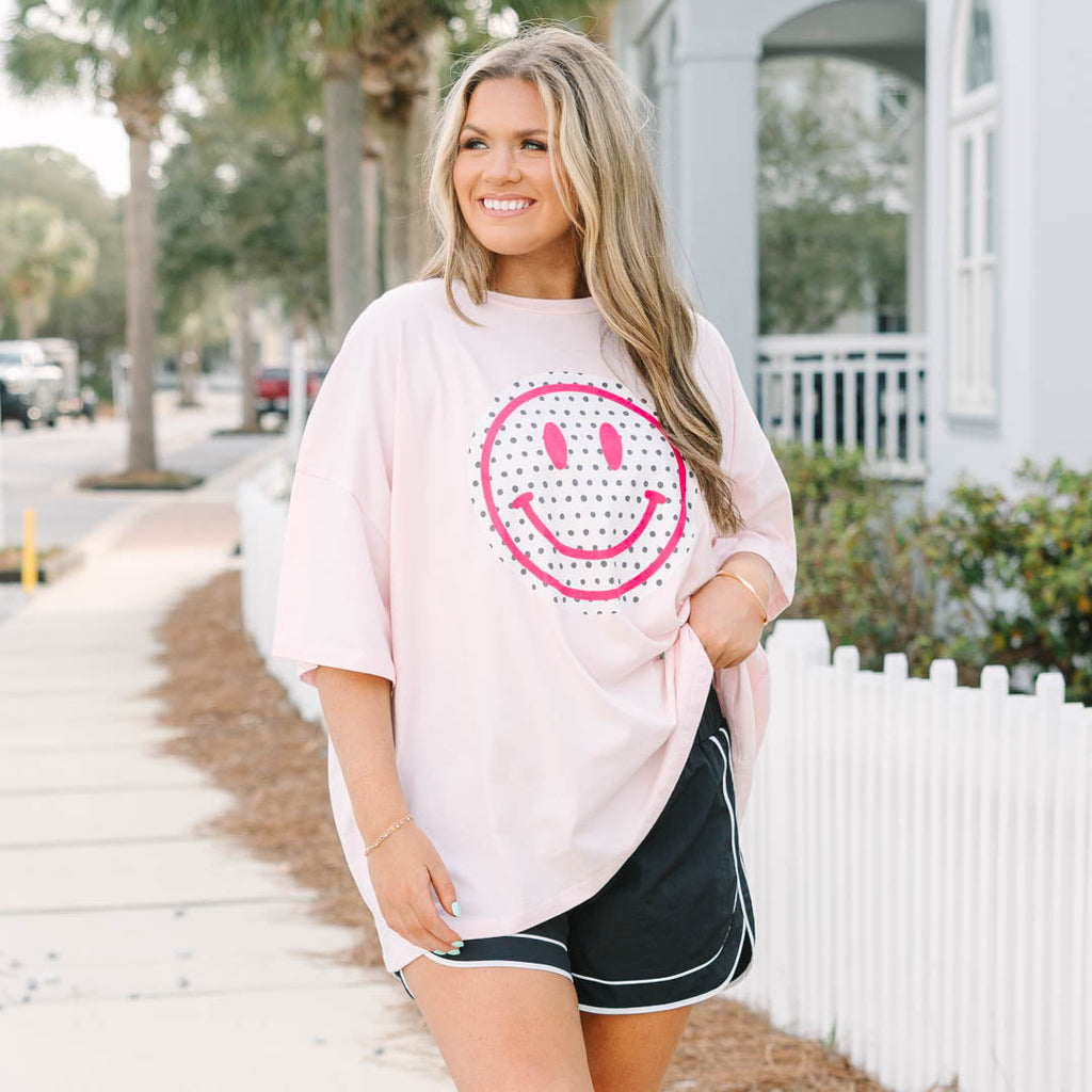 Nostalgia Smiley Boyfriend Tee, Cream Pink
