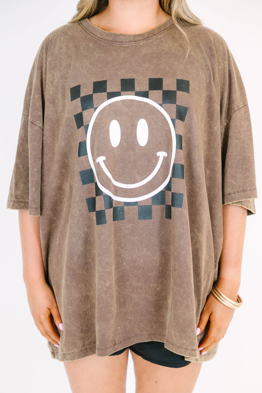 Only Smiles Acid Wash Relaxed Tee, Mahogany