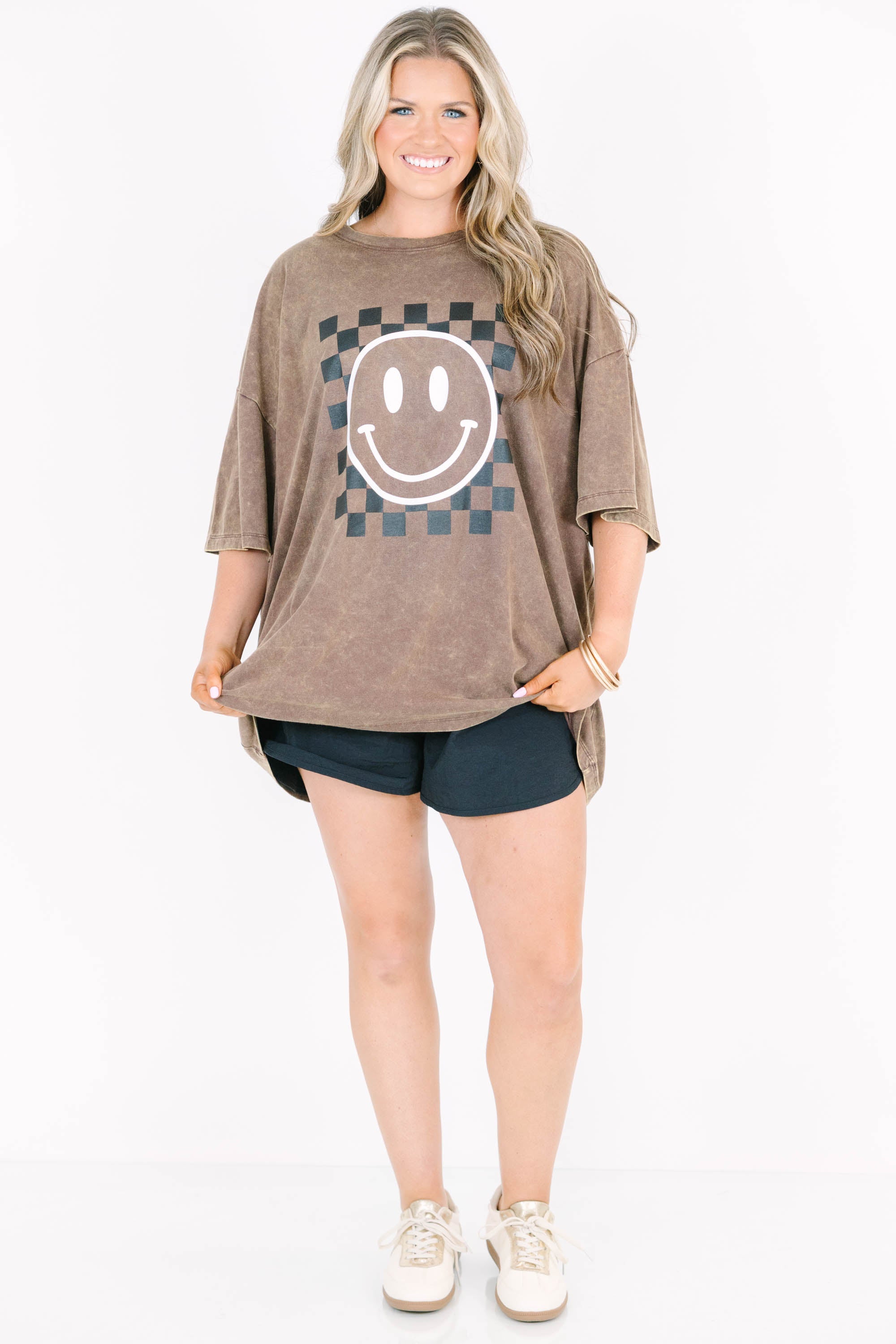 Only Smiles Acid Wash Relaxed Tee, Mahogany