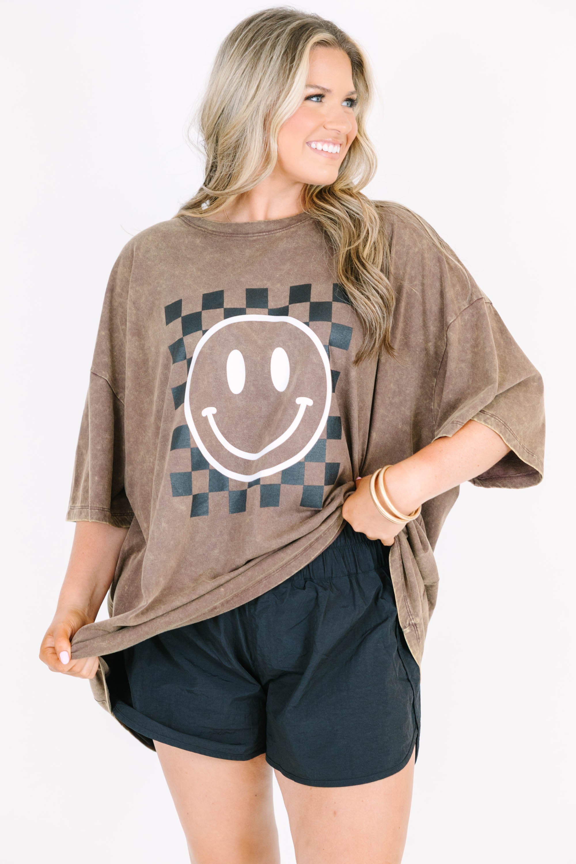 Only Smiles Acid Wash Relaxed Tee, Mahogany