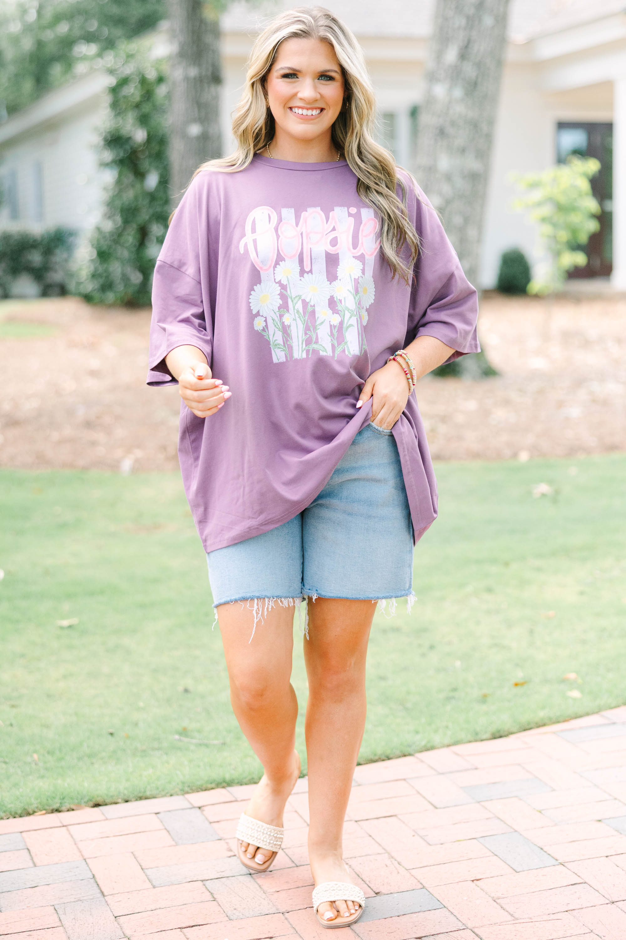 Oopsie Daisies Boyfriend Tee, Lilac Grey