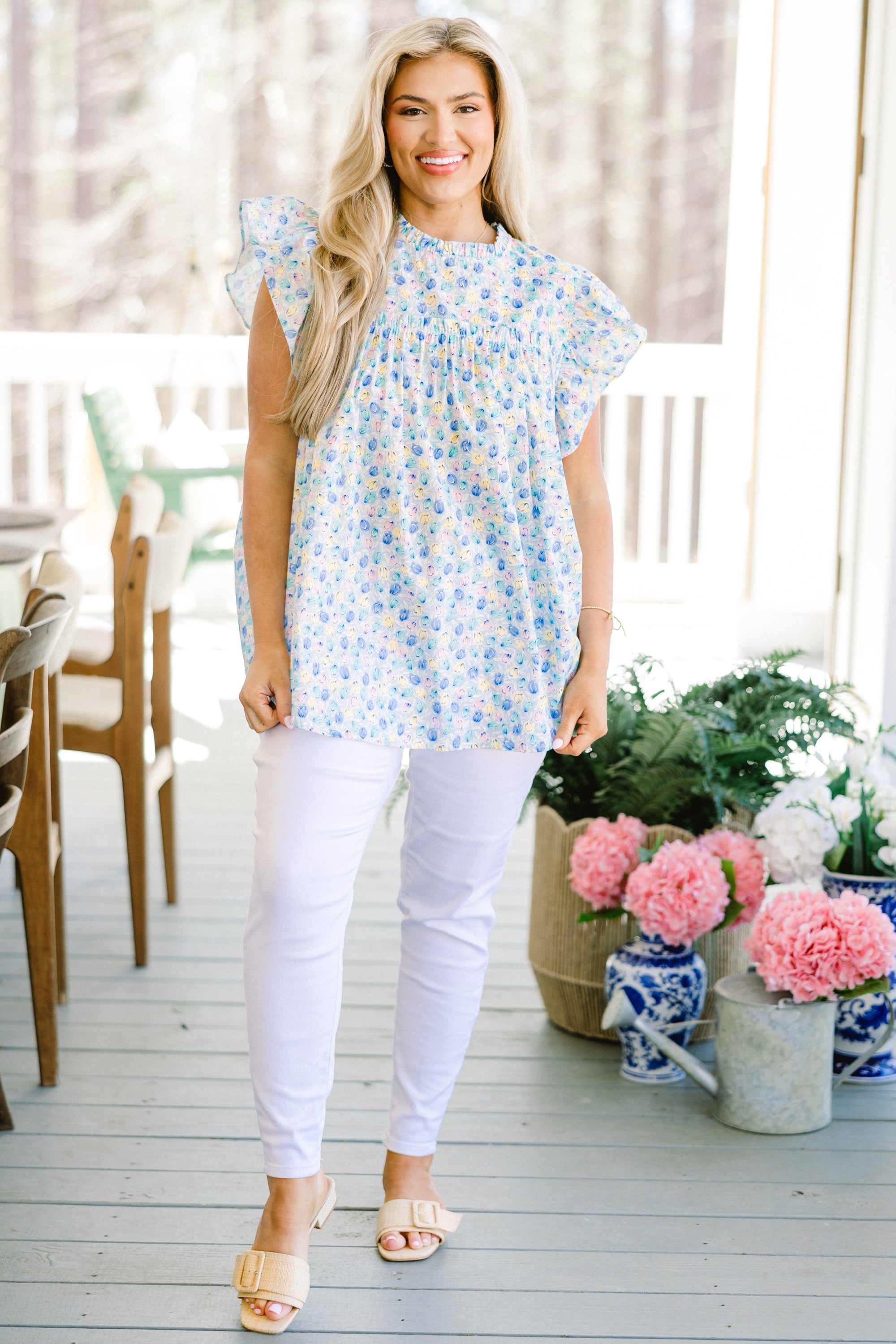 Out Living My Life Top, Blue Floral