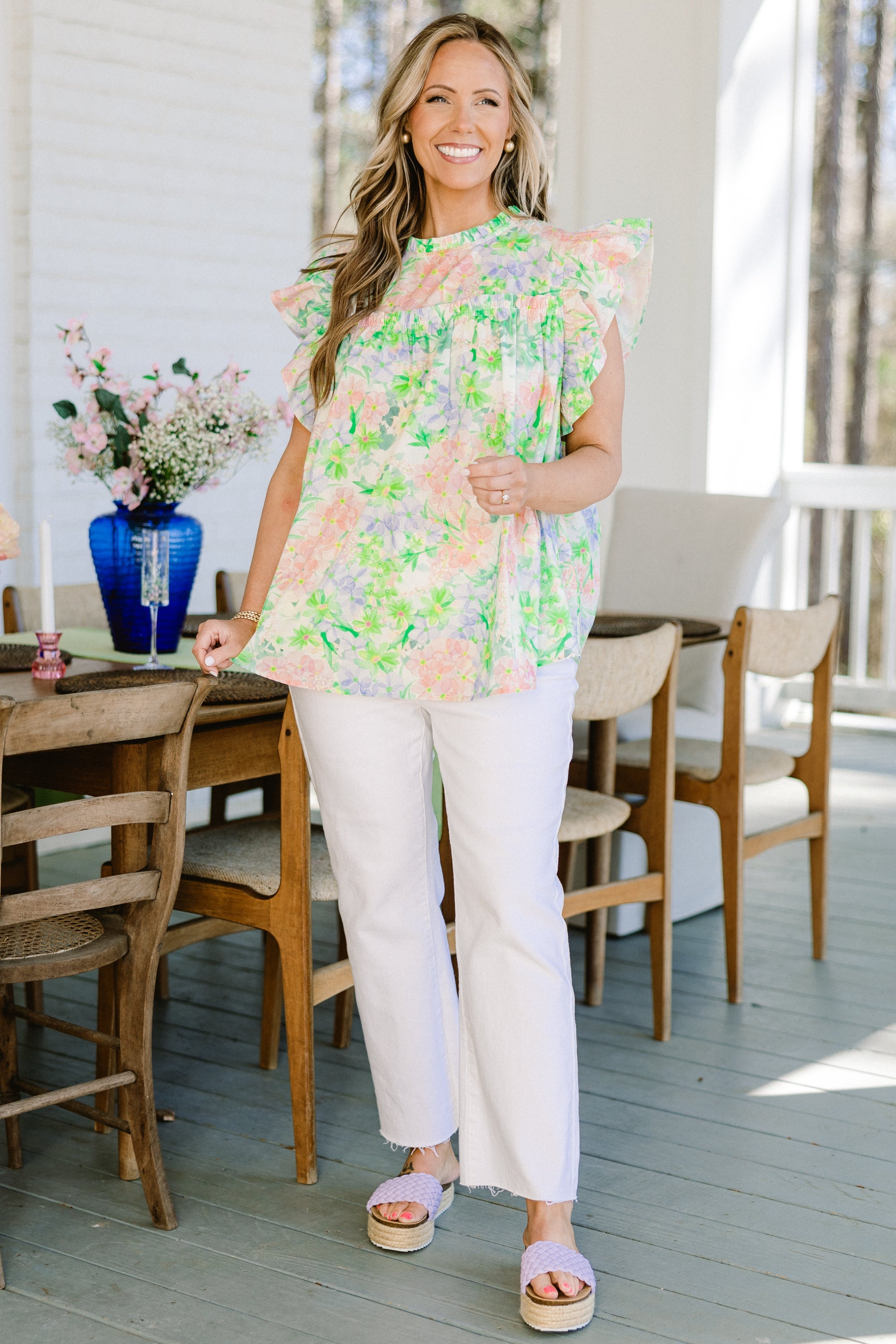 Out Living My Life Top, Green Floral
