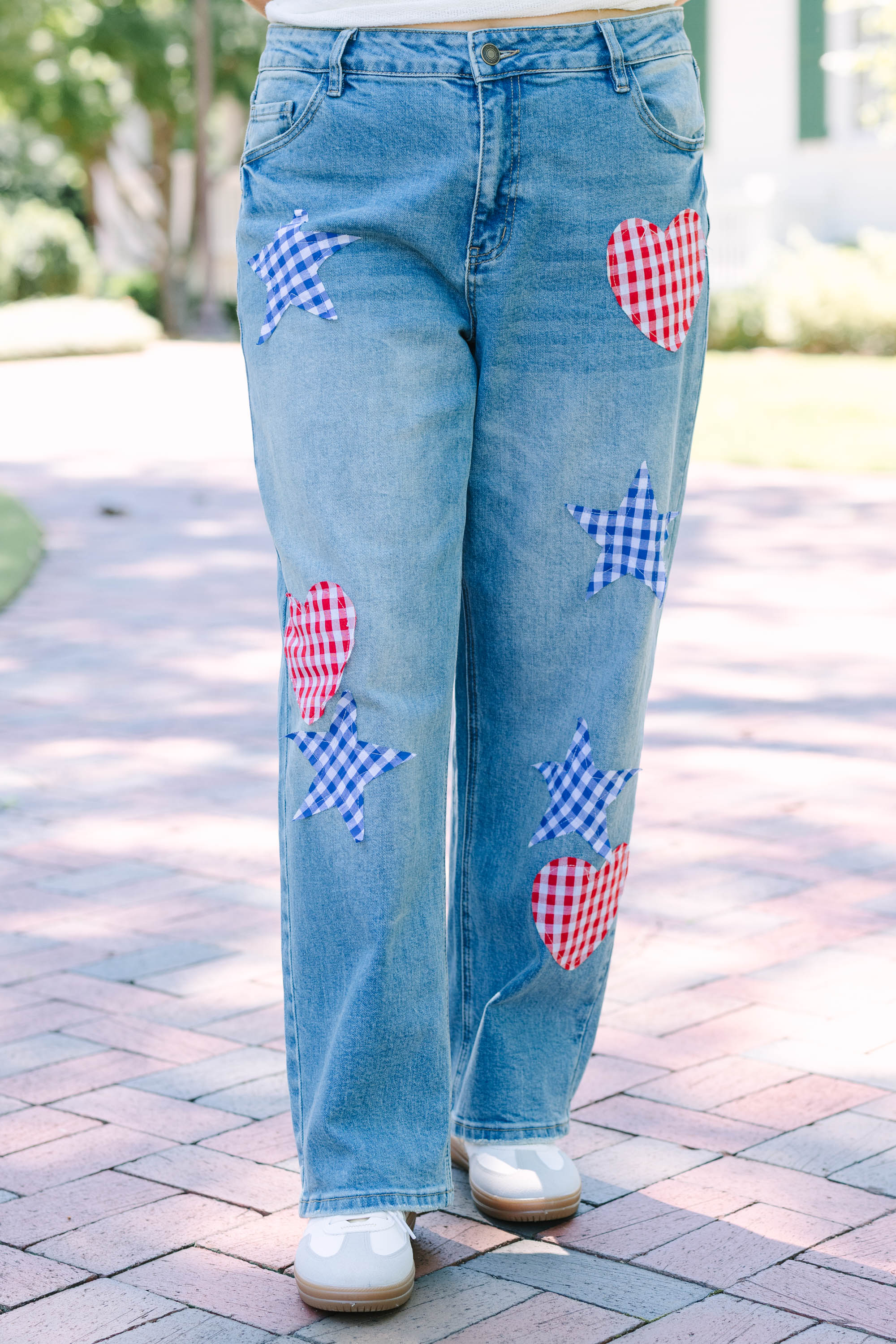 Passing Notes Jeans, Red/Blue Gingham