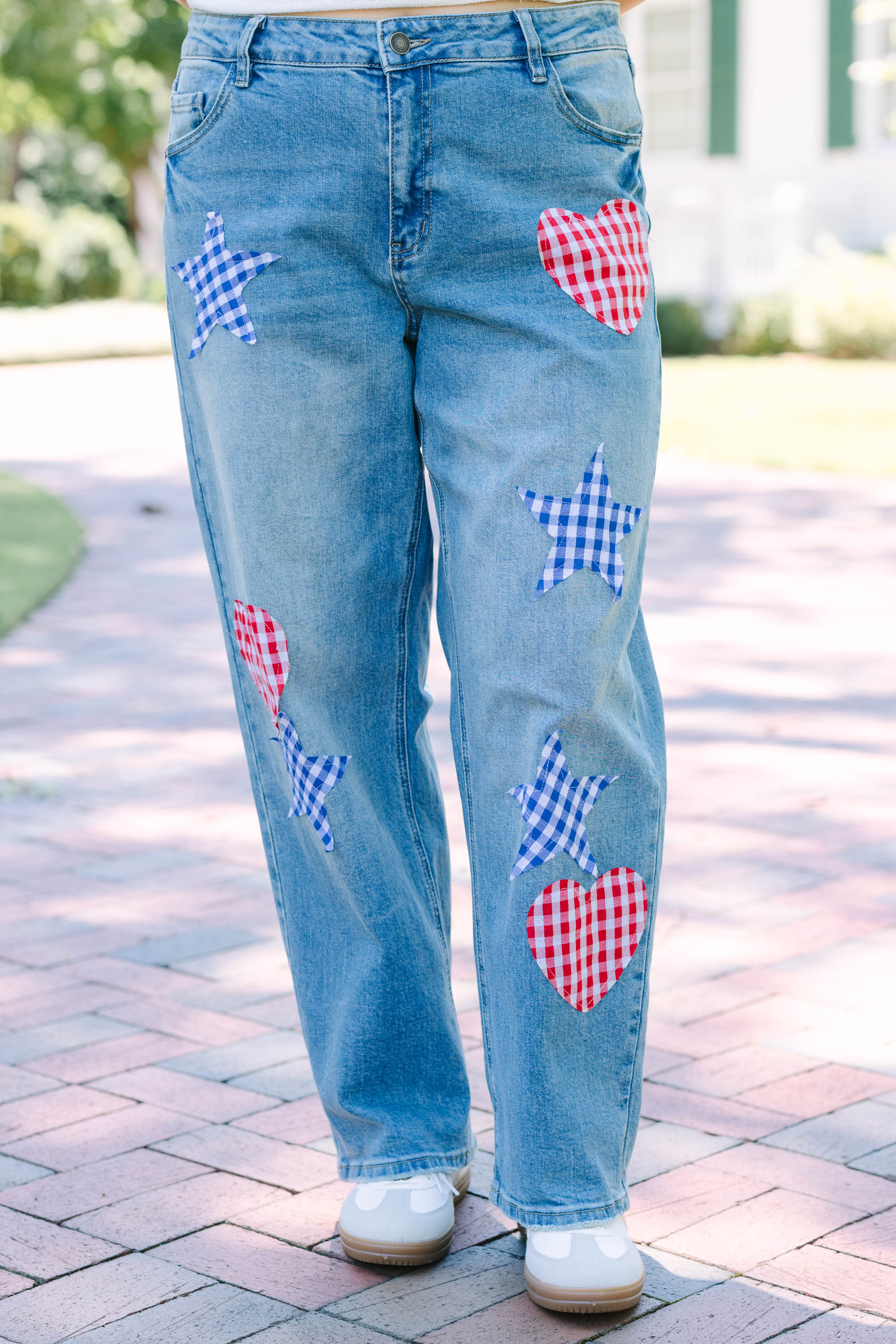 Passing Notes Jeans, Red/Blue Gingham