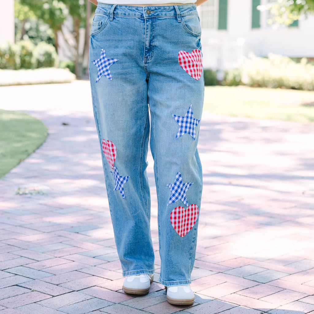 Passing Notes Jeans, Red/Blue Gingham