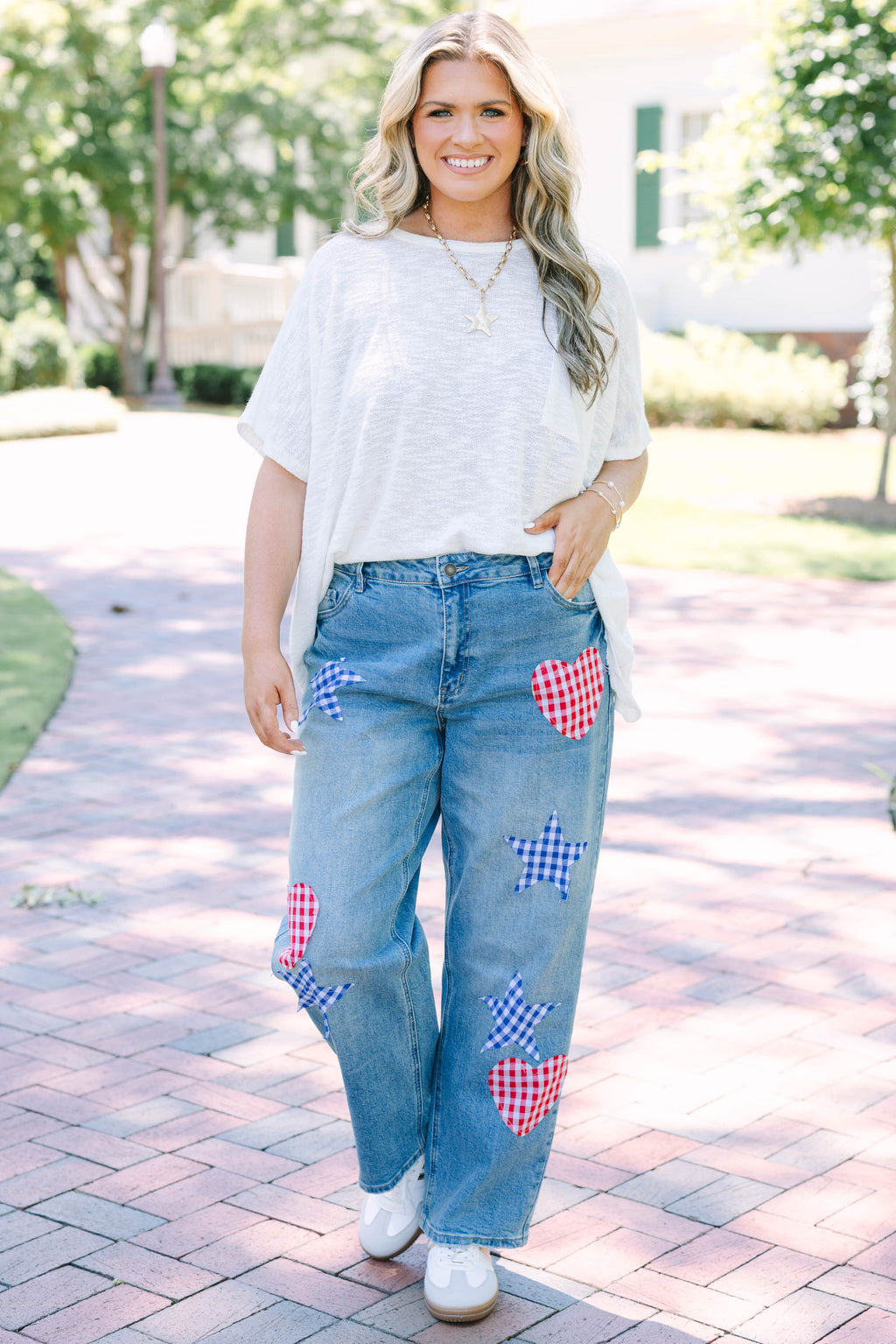 Passing Notes Jeans, Red/Blue Gingham