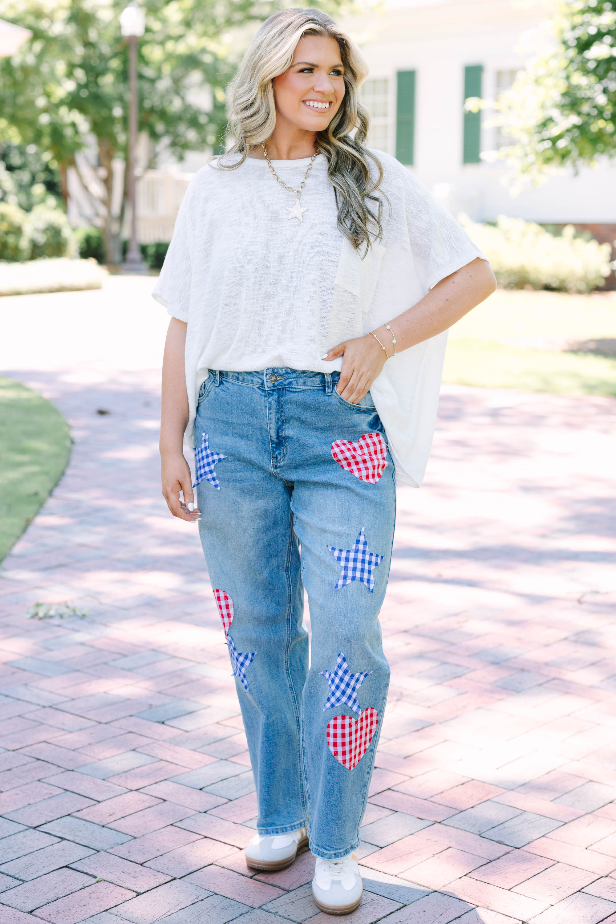 Passing Notes Jeans, Red/Blue Gingham