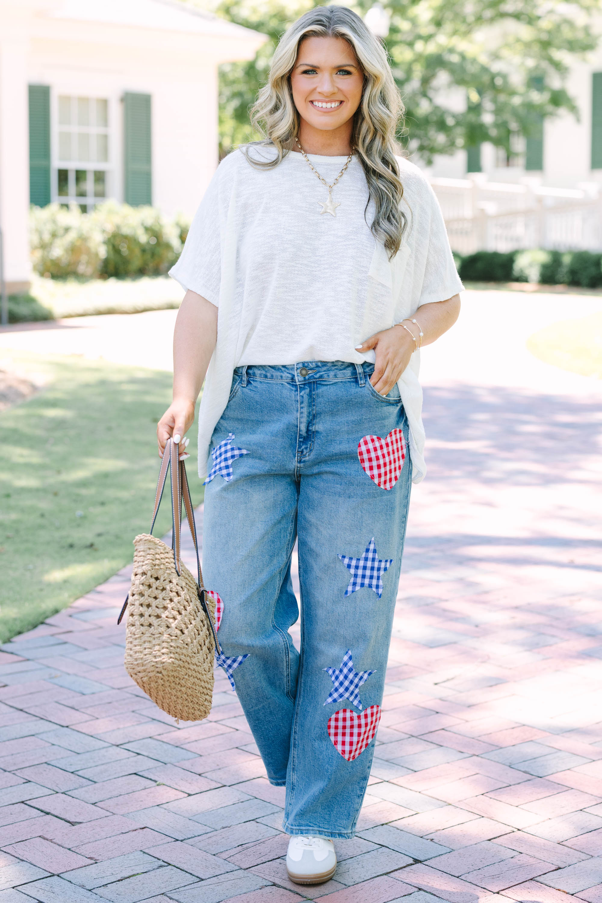Passing Notes Jeans, Red/Blue Gingham